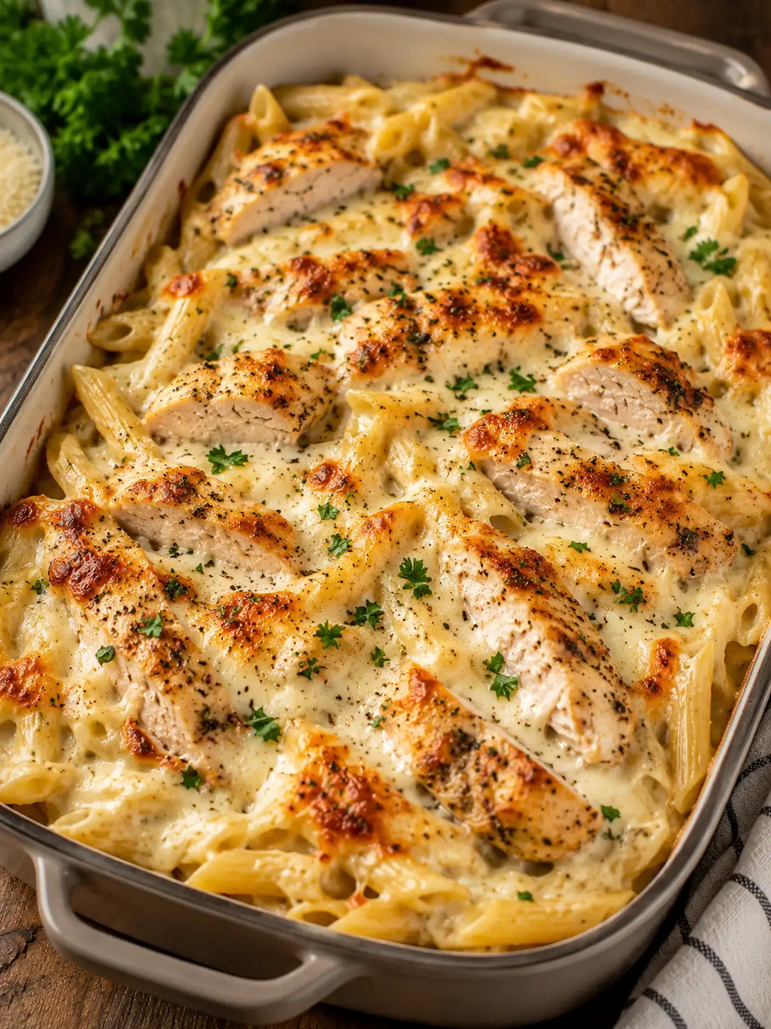 Baked chicken Alfredo with melted cheese in a casserole dish