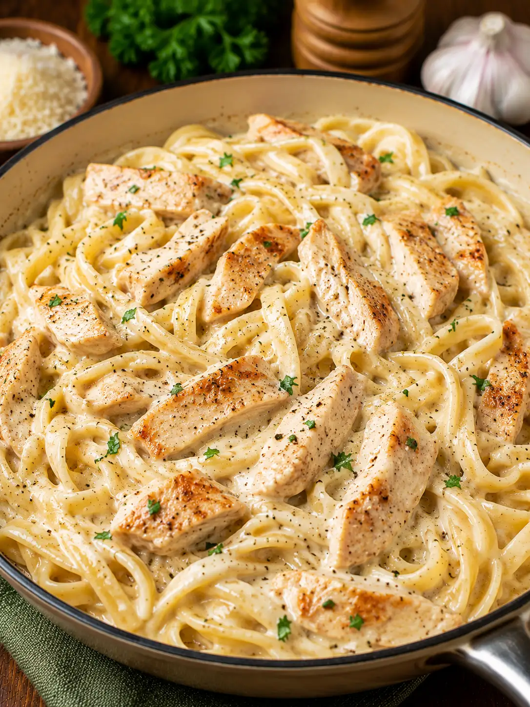 Chicken alfredo pasta with fettuccine in a creamy parmesan sauce