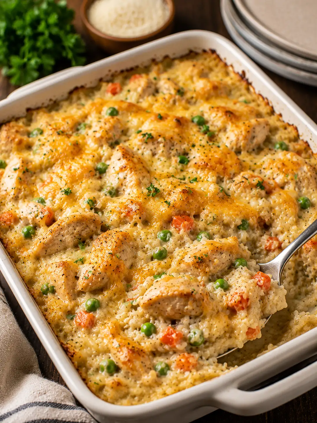 Chicken and rice casserole baked in a dish with parsley