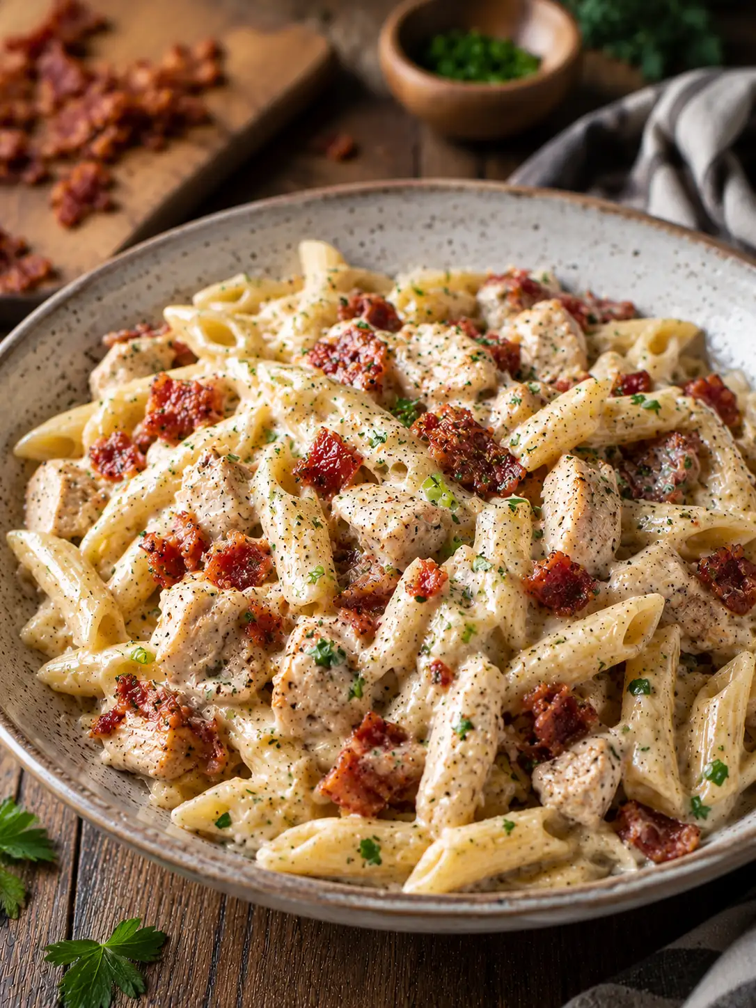 Chicken bacon ranch pasta with cheddar and green onion