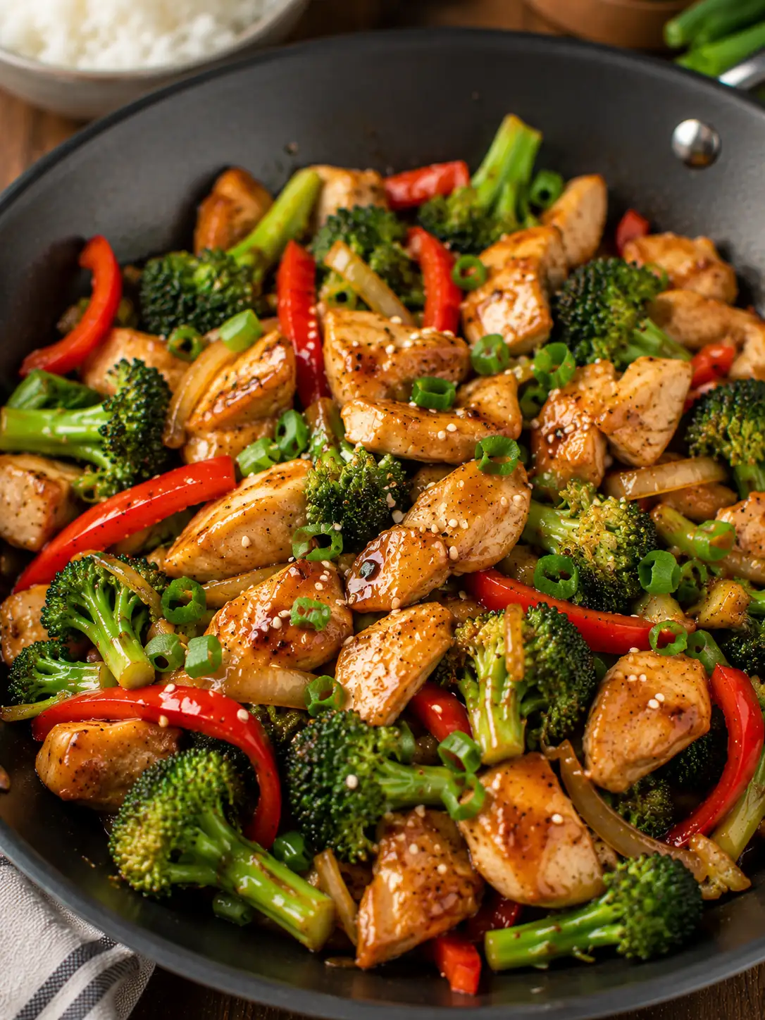 Chicken and broccoli stir fry in a glossy sauce in a wok