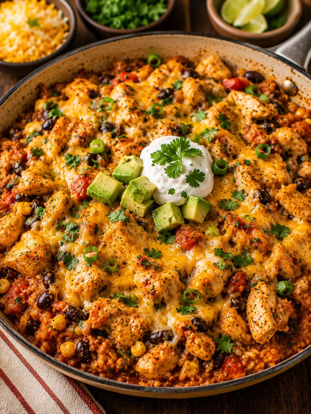 Chicken enchilada skillet with melted cheese and cilantro