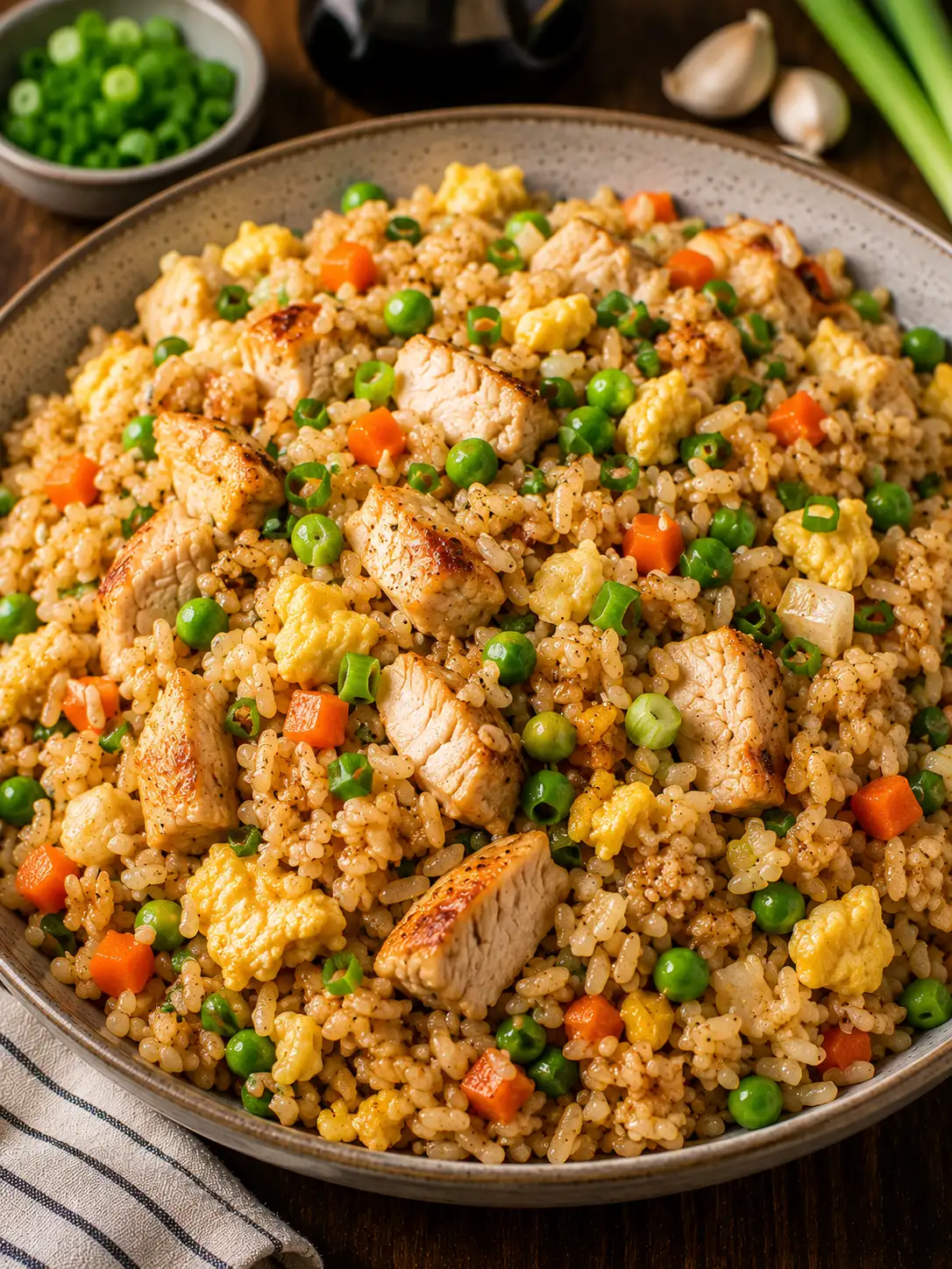 Chicken fried rice with egg, peas, and green onion in a wok