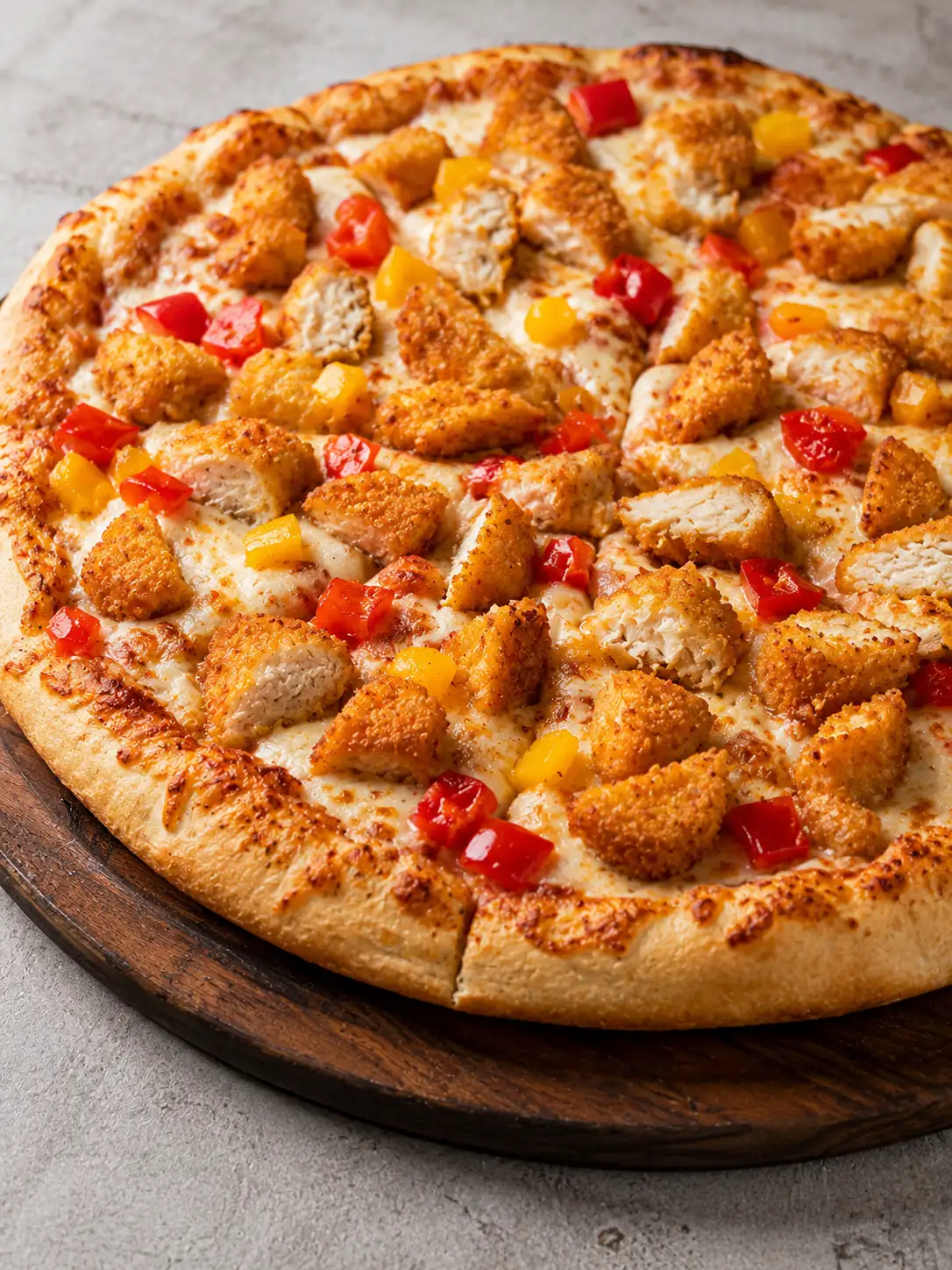 Pizza topped with chicken nuggets, ranch dressing, mozzarella cheese, and crumbled bacon