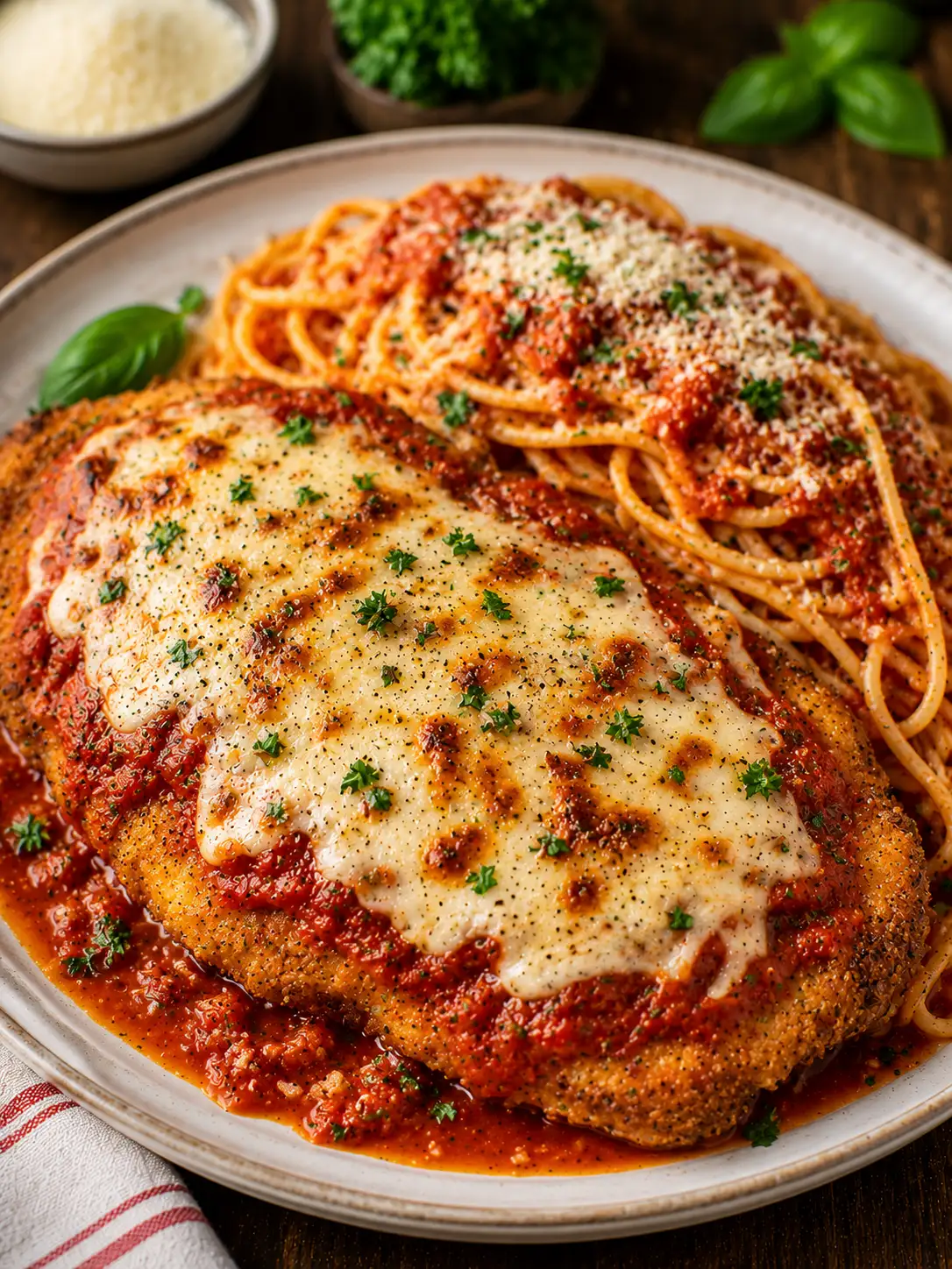 Chicken parmesan with marinara and melted mozzarella