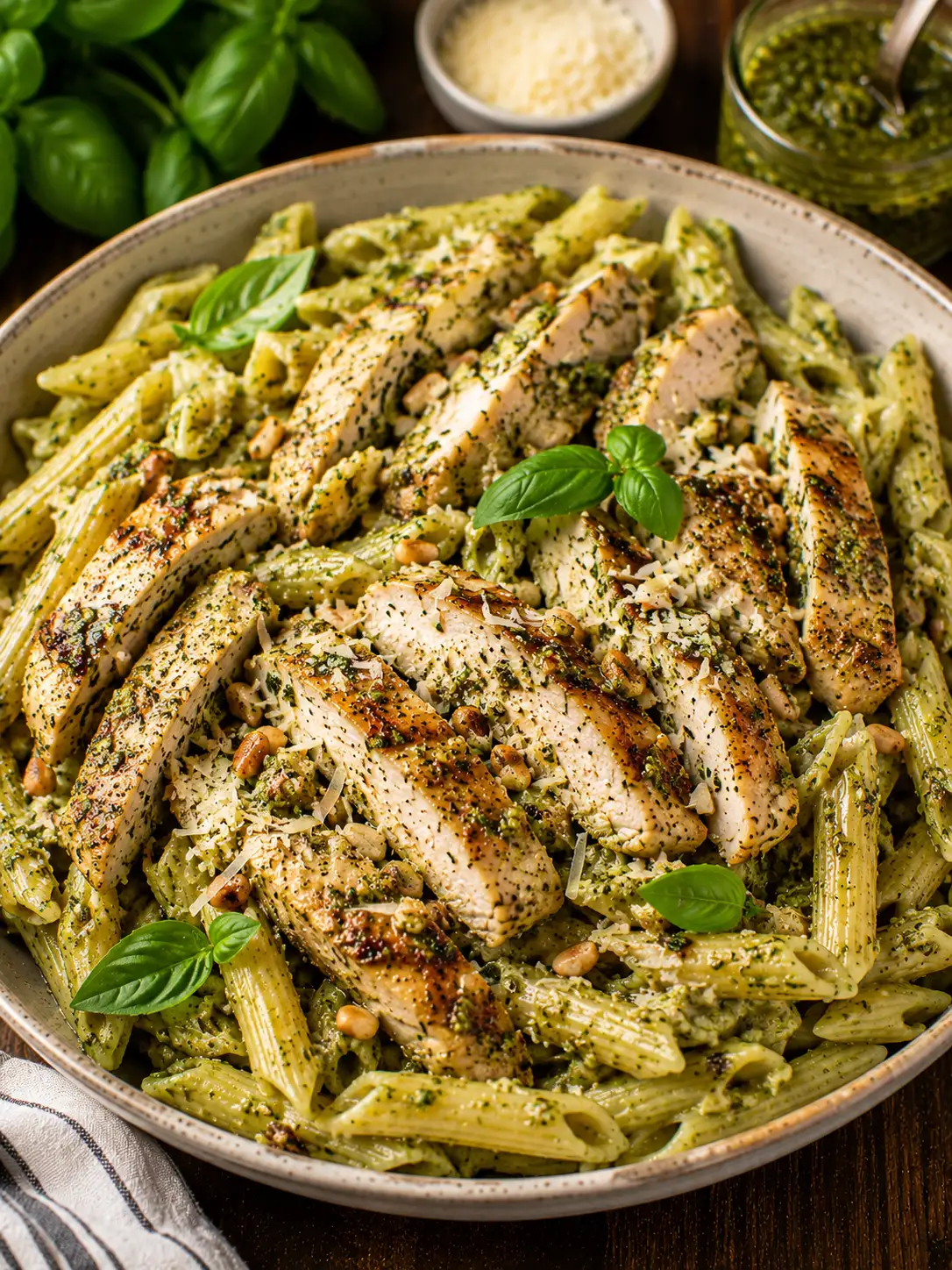 Chicken pesto pasta with cherry tomatoes and basil