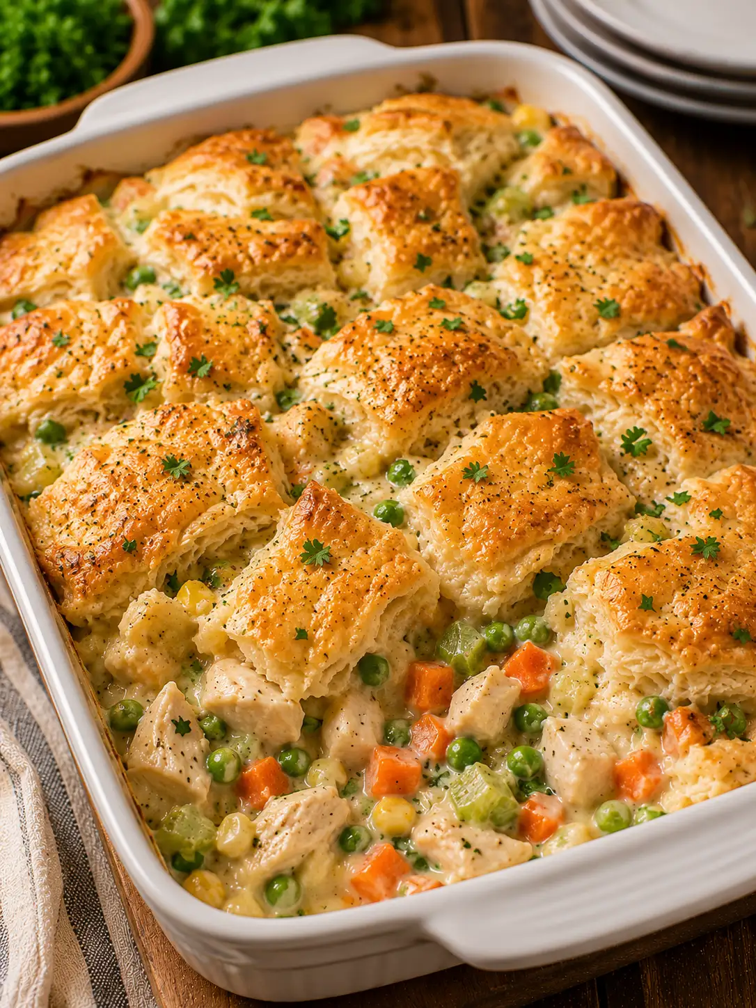 Chicken pot pie casserole with golden biscuit topping