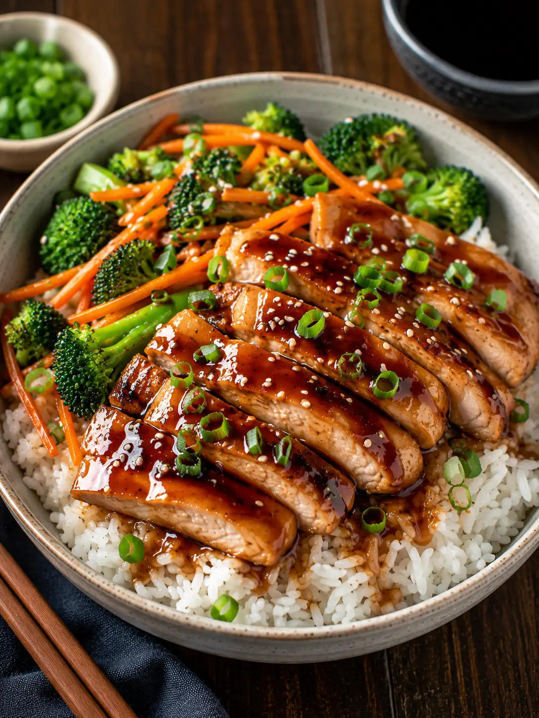 Chicken teriyaki rice bowl with sesame seeds and green onion