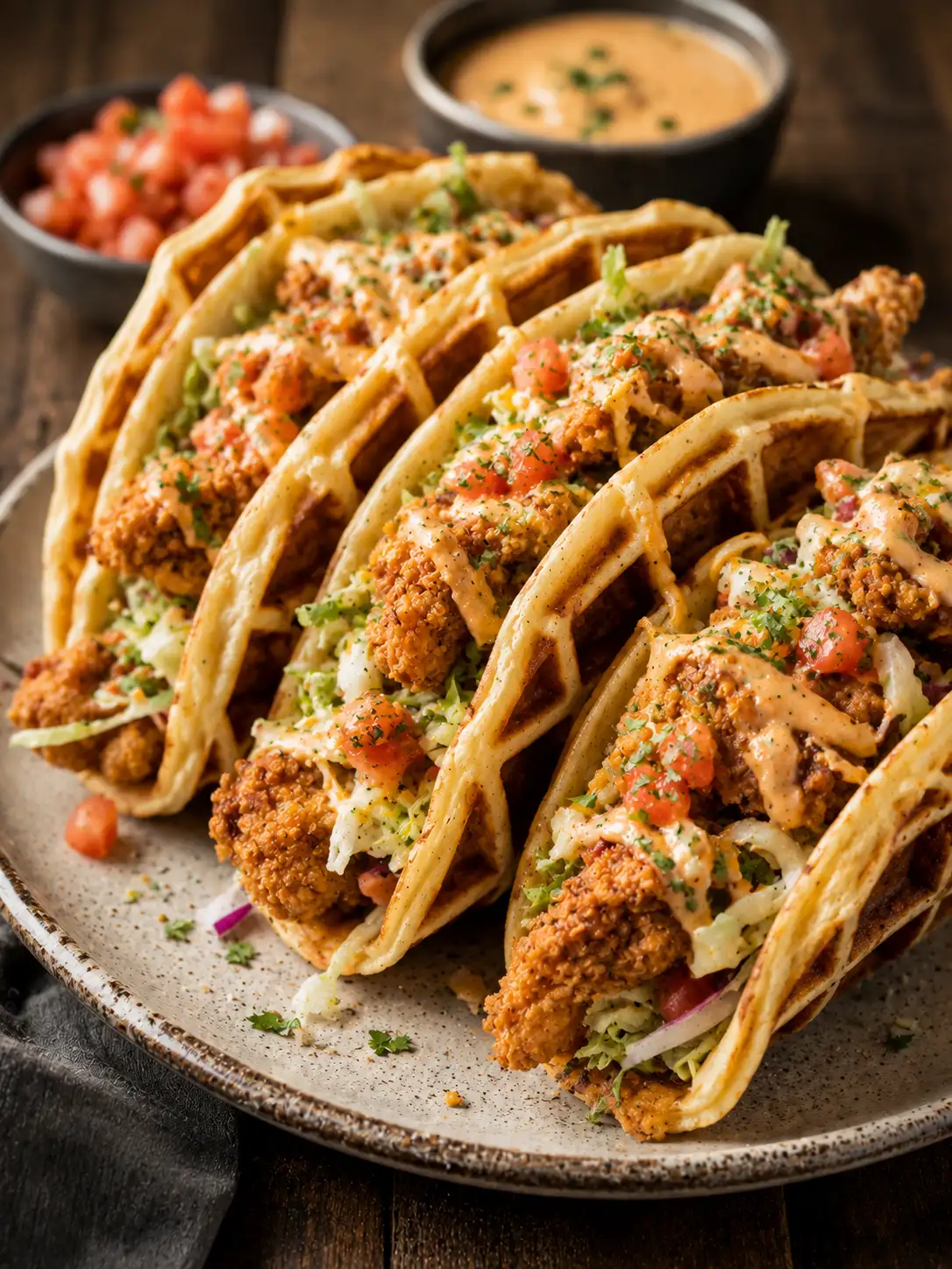 Mini waffles shaped into tacos filled with crispy chicken tenders and drizzled with maple syrup