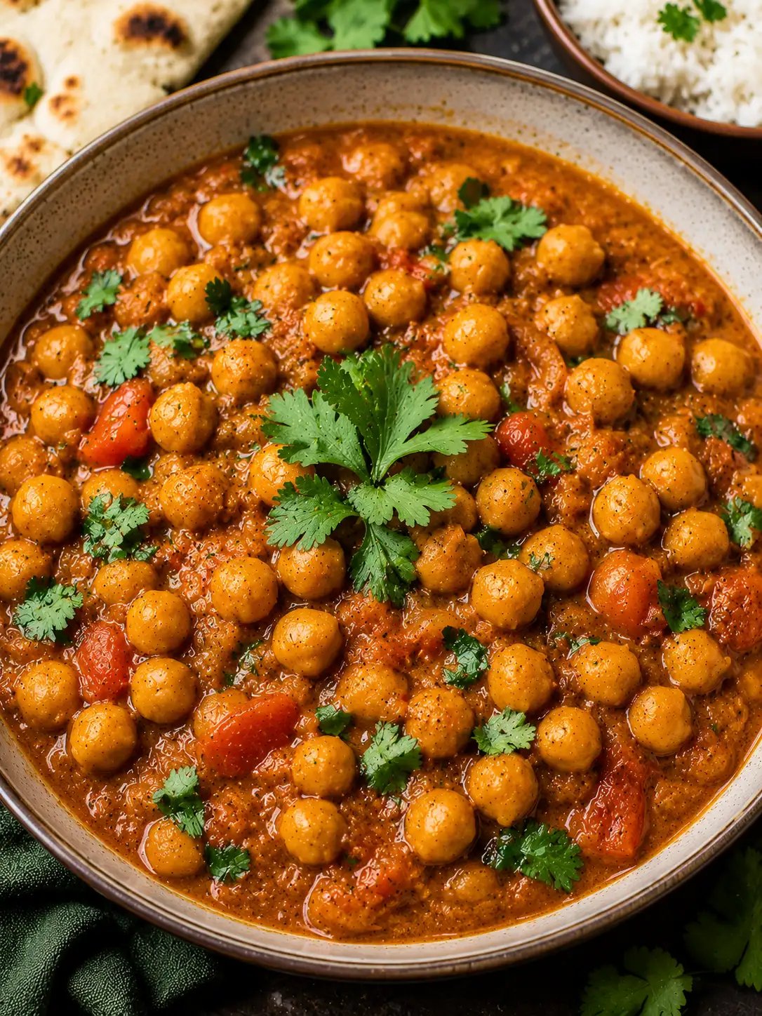 Bowl of chickpea curry in a spiced coconut tomato sauce over rice