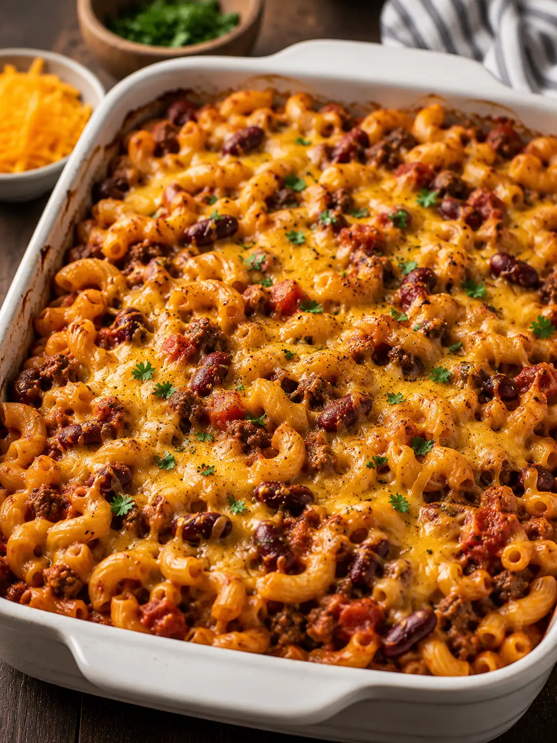 Chili mac with ground beef, beans, and cheese
