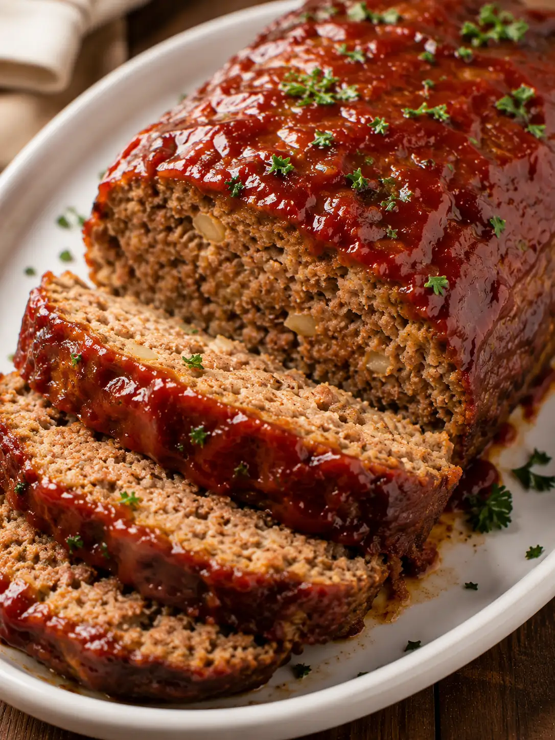 Sliced classic meatloaf with a glossy glaze