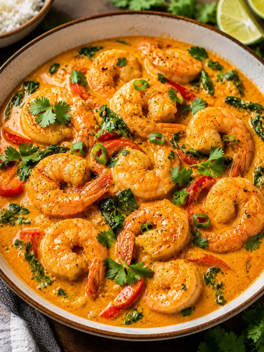 Coconut shrimp curry in a creamy sauce over rice