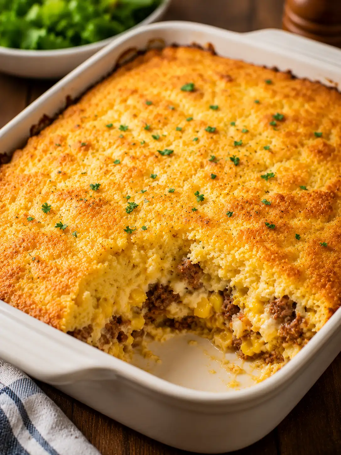 Cornbread casserole with a golden cornbread top over beef
