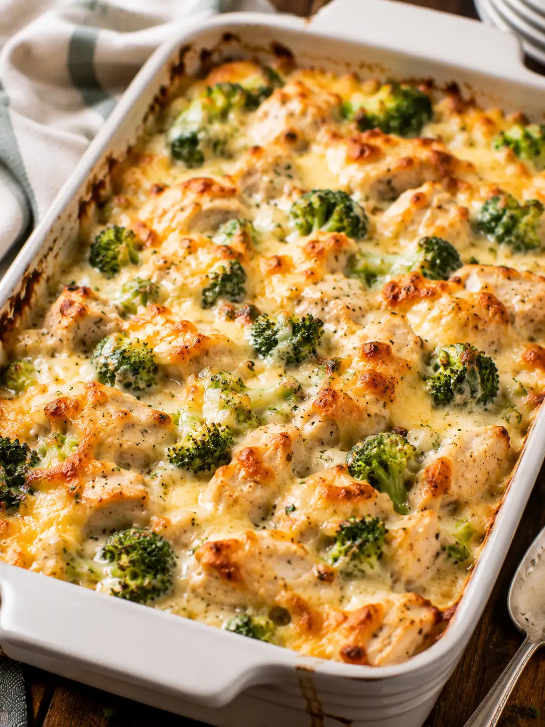 Creamy broccoli and chicken bake with melted cheese