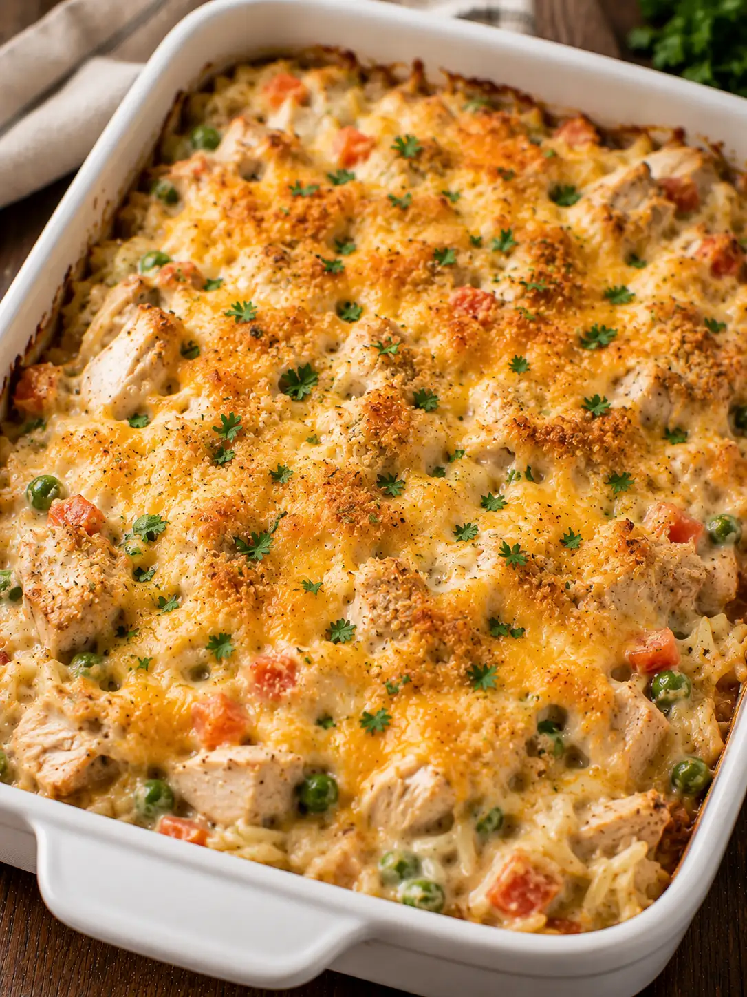 Creamy chicken and rice casserole with cheese