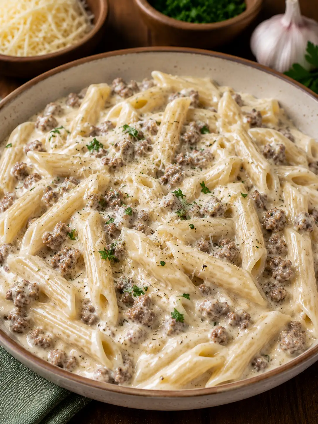 Creamy garlic parmesan pasta with parsley in a bowl