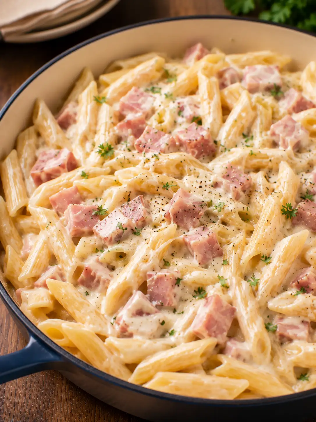 Creamy ham pasta with peas and parmesan