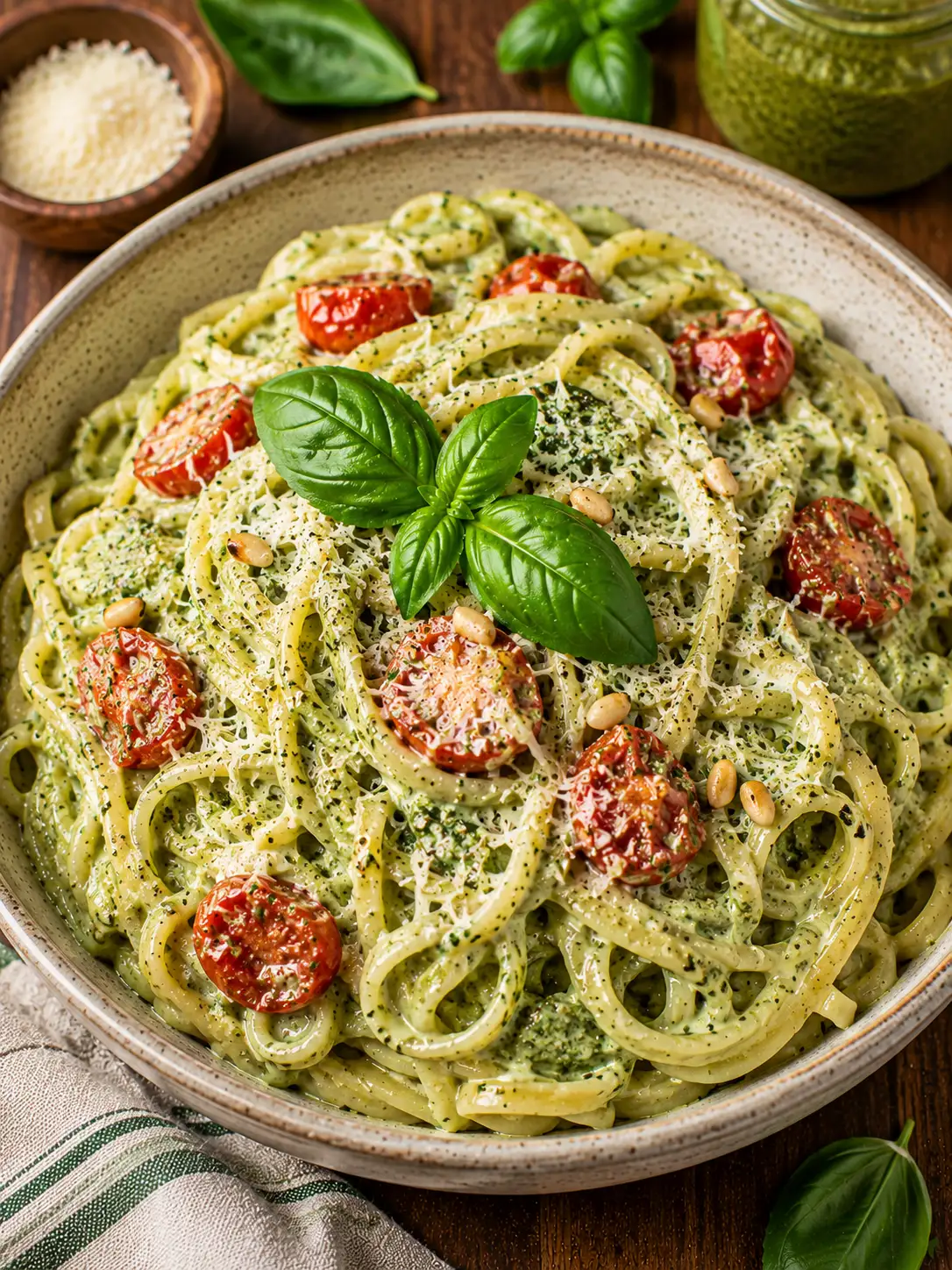 Creamy pesto pasta with a vibrant green sauce and parmesan