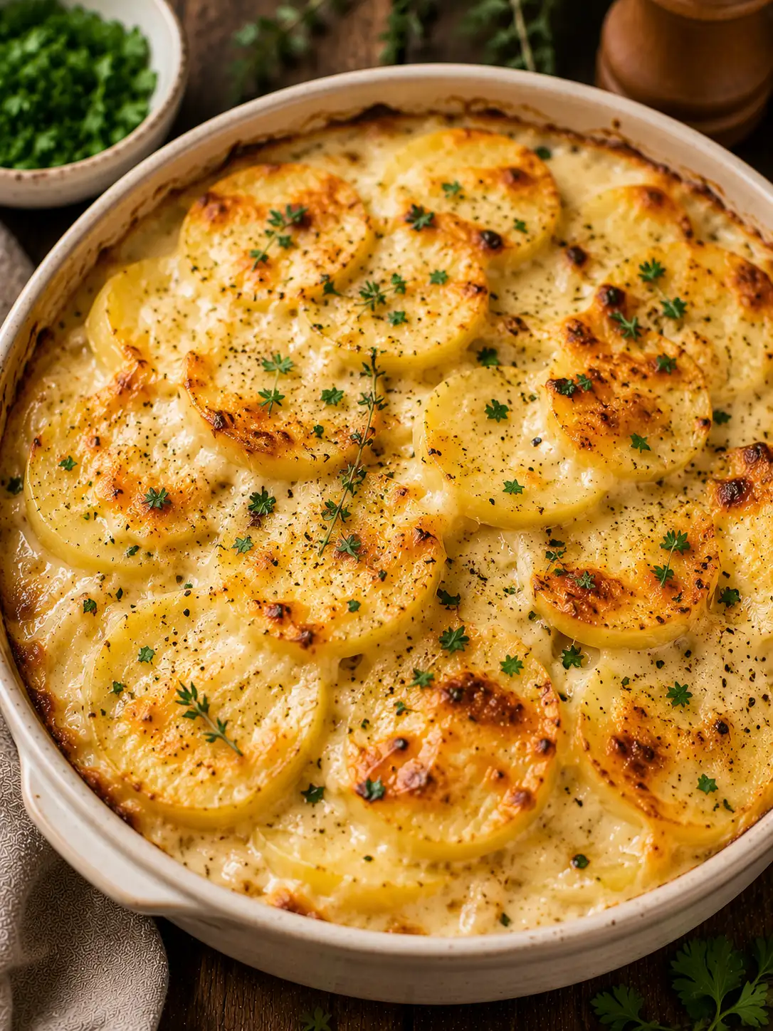 Creamy cheesy potato bake in a dish