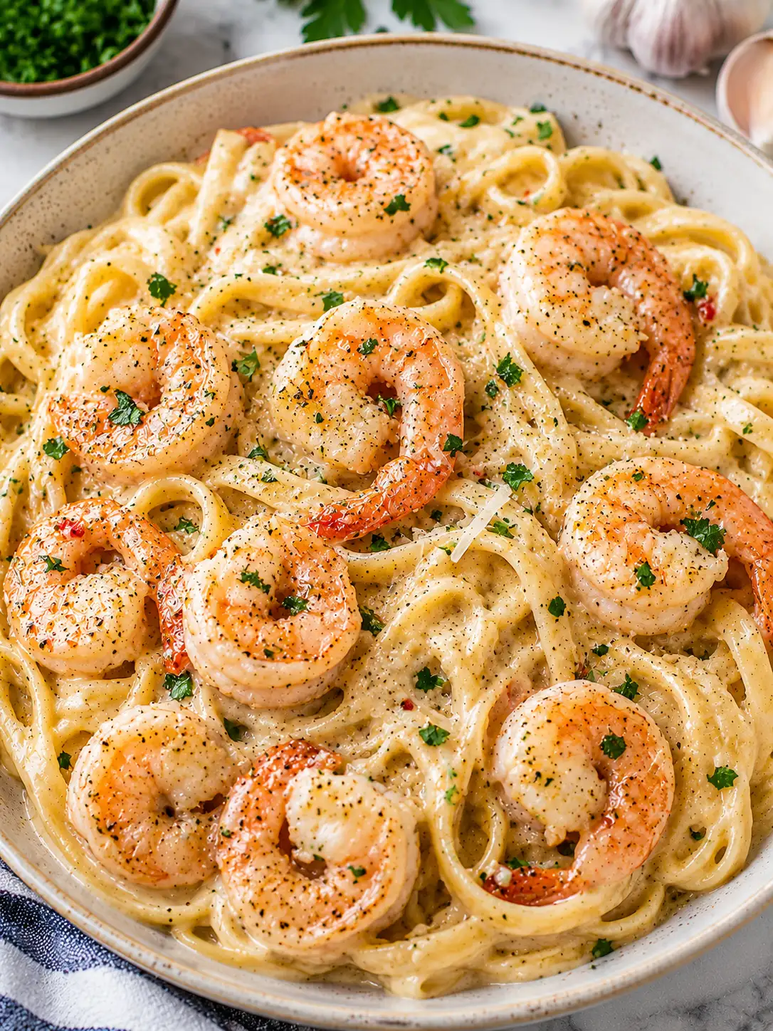 Creamy shrimp pasta with parmesan and parsley