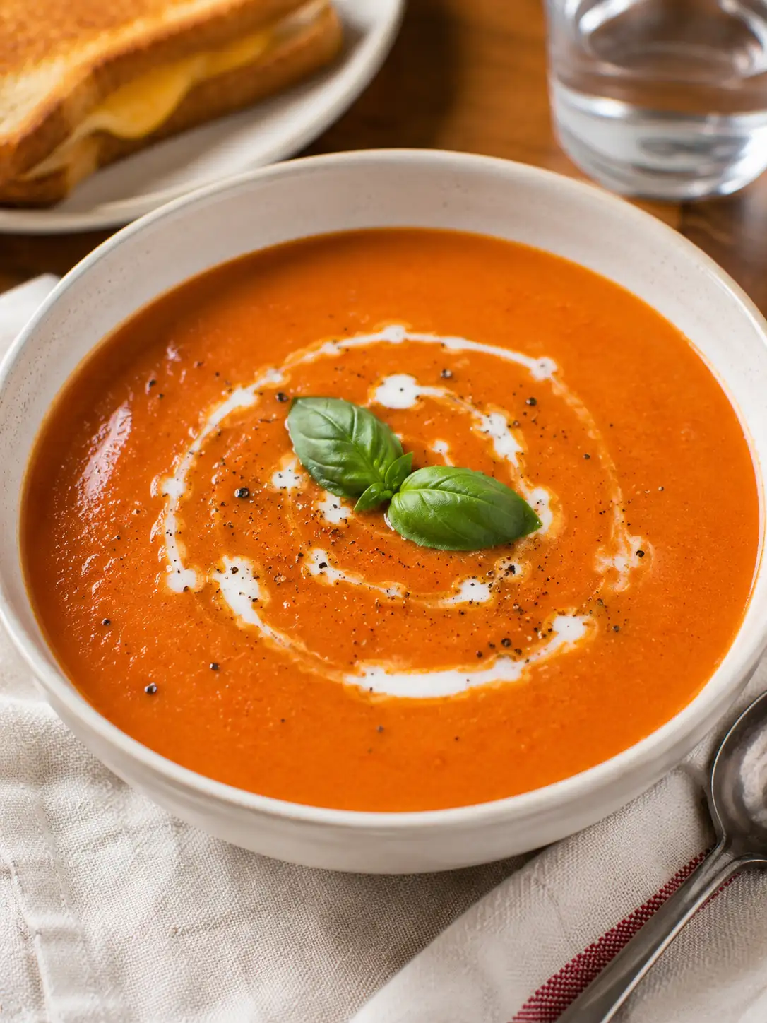 Bowl of creamy tomato soup with basil