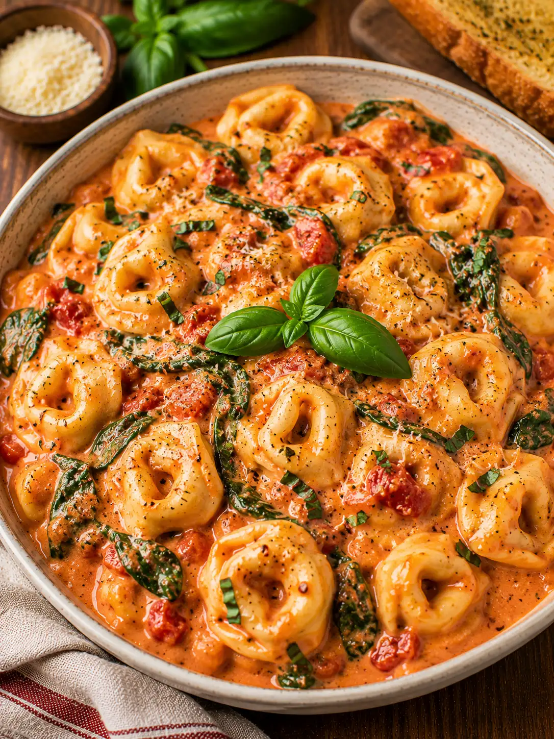 Creamy tomato tortellini with spinach in a skillet