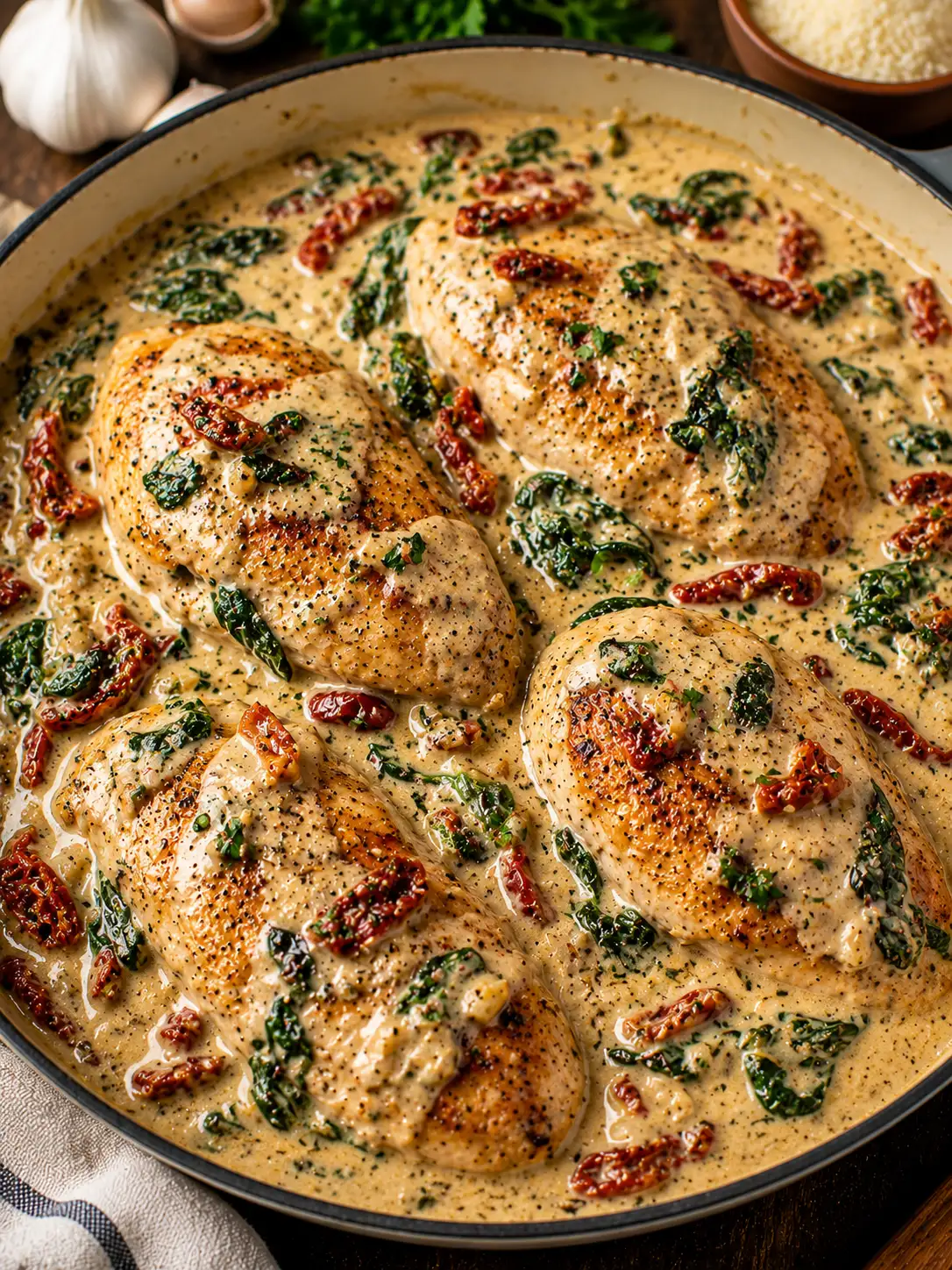 Creamy Tuscan chicken with spinach and sun-dried tomatoes in a skillet