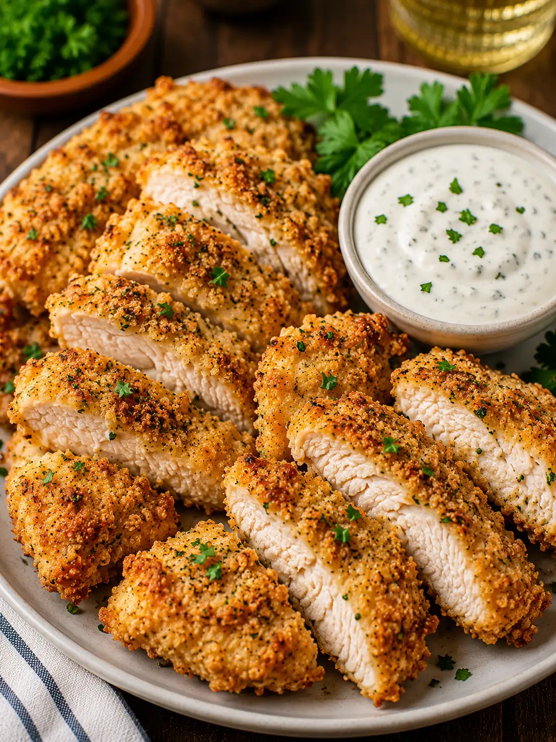Crispy ranch breaded chicken pieces on a baking sheet