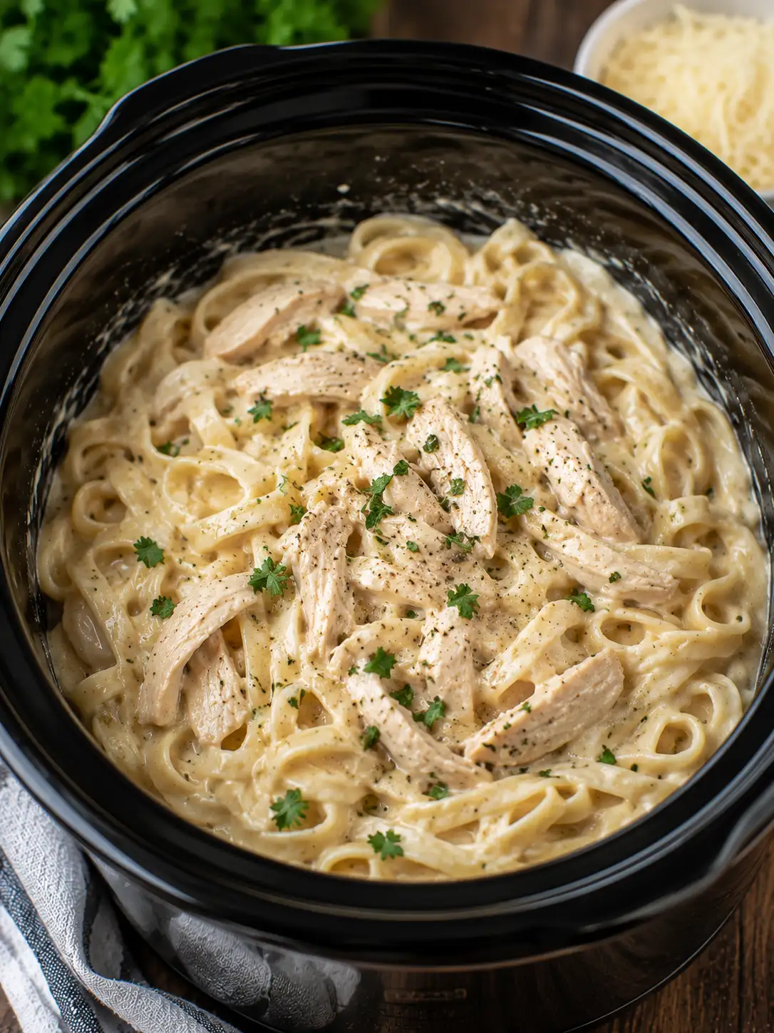 Crockpot chicken alfredo with fettuccine