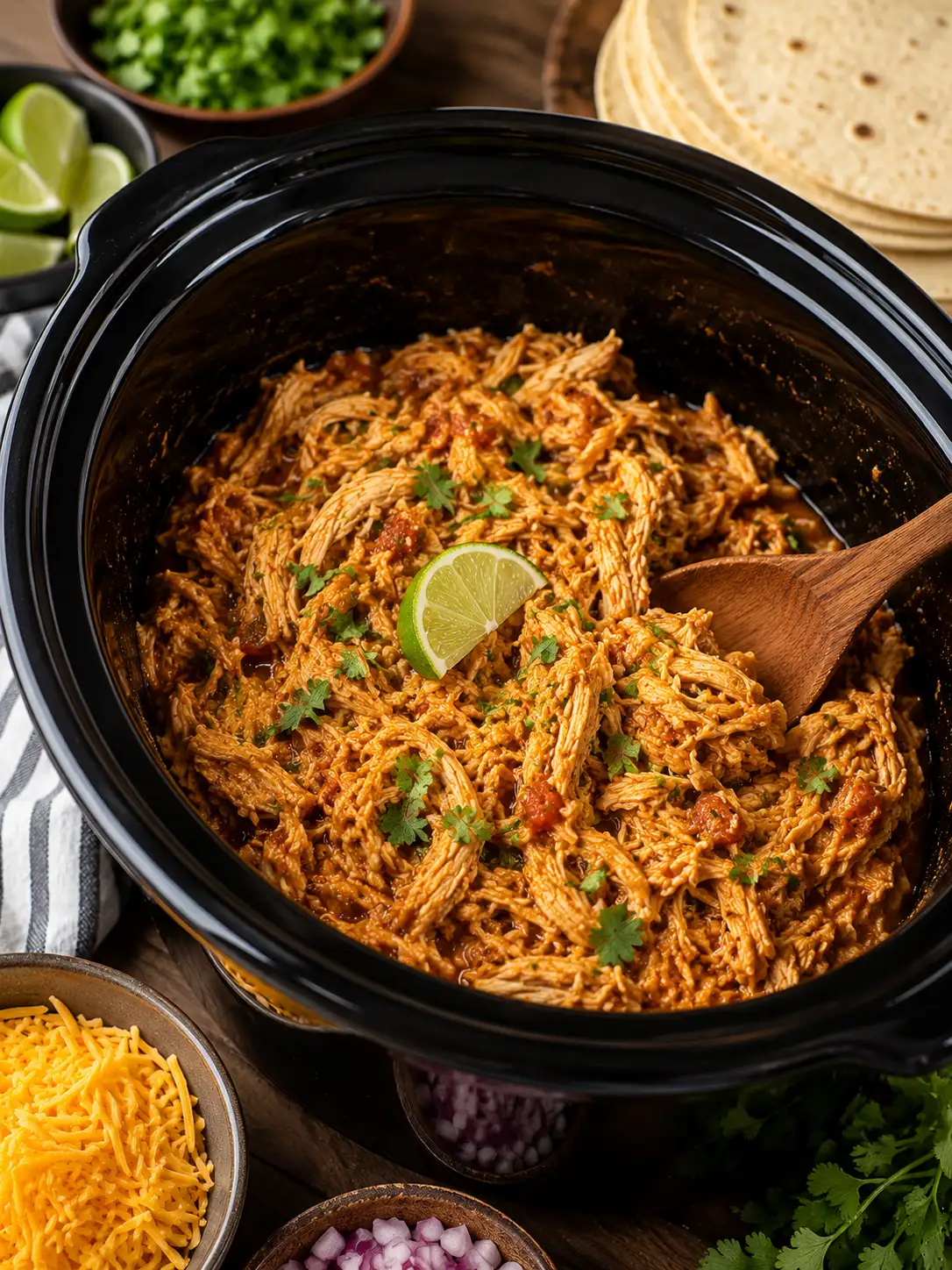 Crockpot shredded chicken tacos with toppings