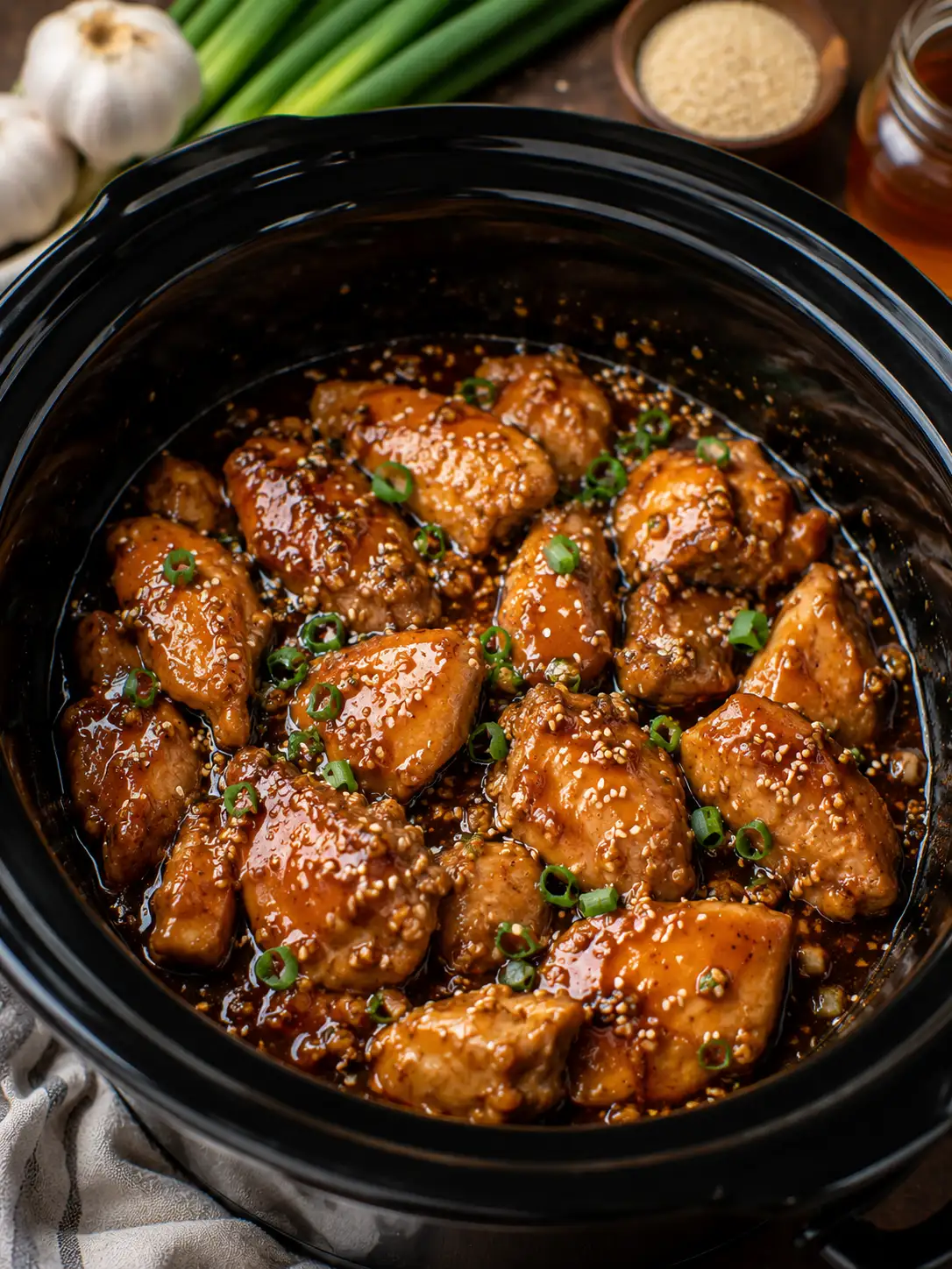 Crockpot honey garlic chicken in a glossy glaze over rice