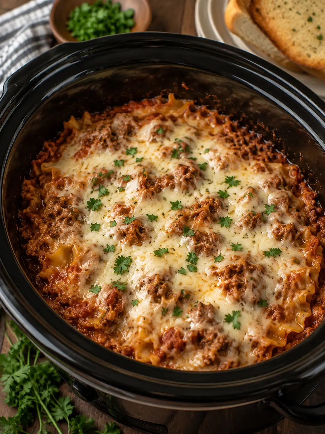 Crockpot lasagna with layers of cheese and meat sauce