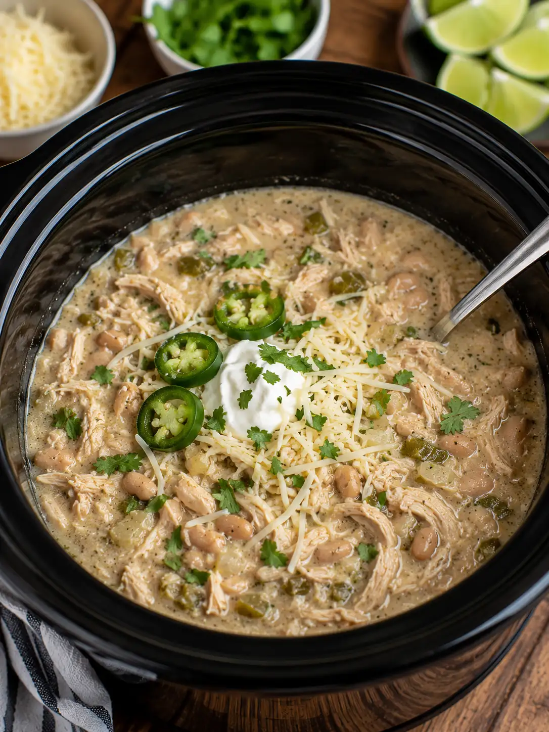 Bowl of crockpot white chicken chili with toppings