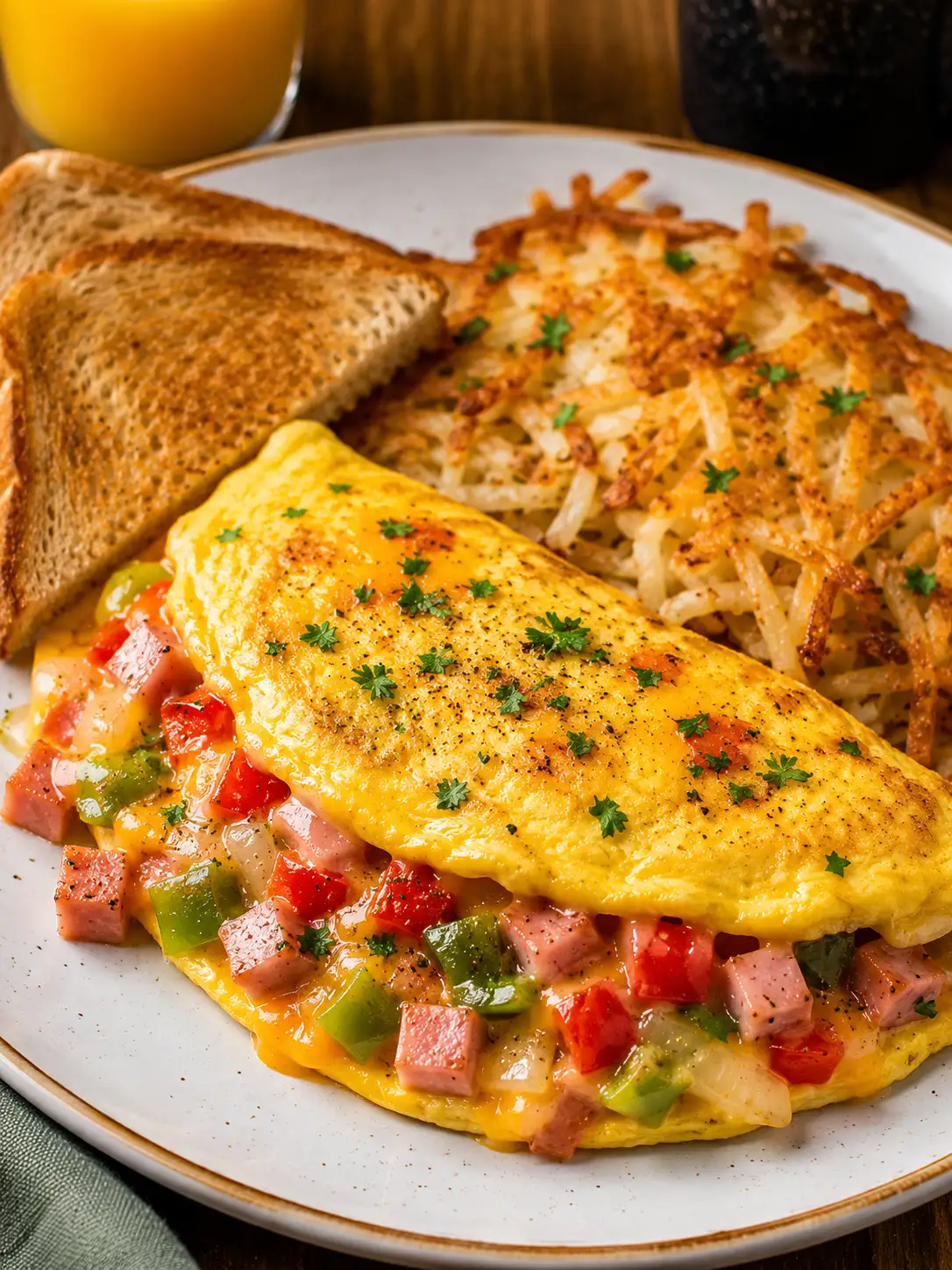 Denver omelet filled with ham, peppers, and cheese