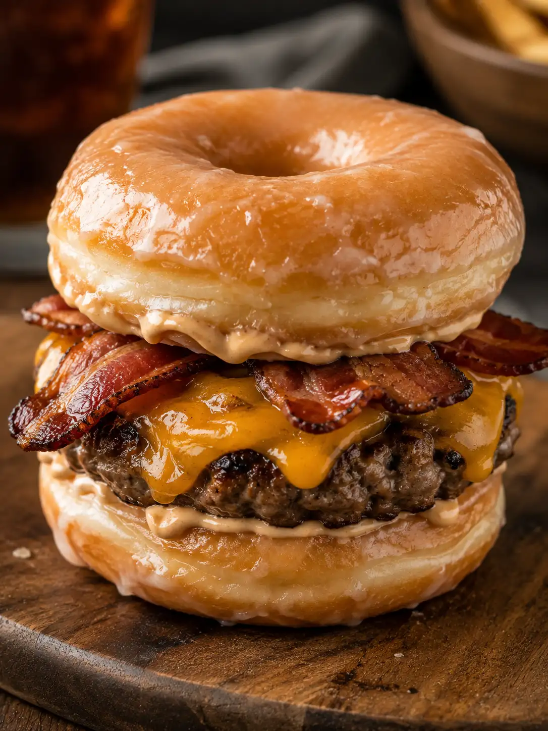Glazed donut used as a burger bun with a beef patty, cheese, and bacon inside