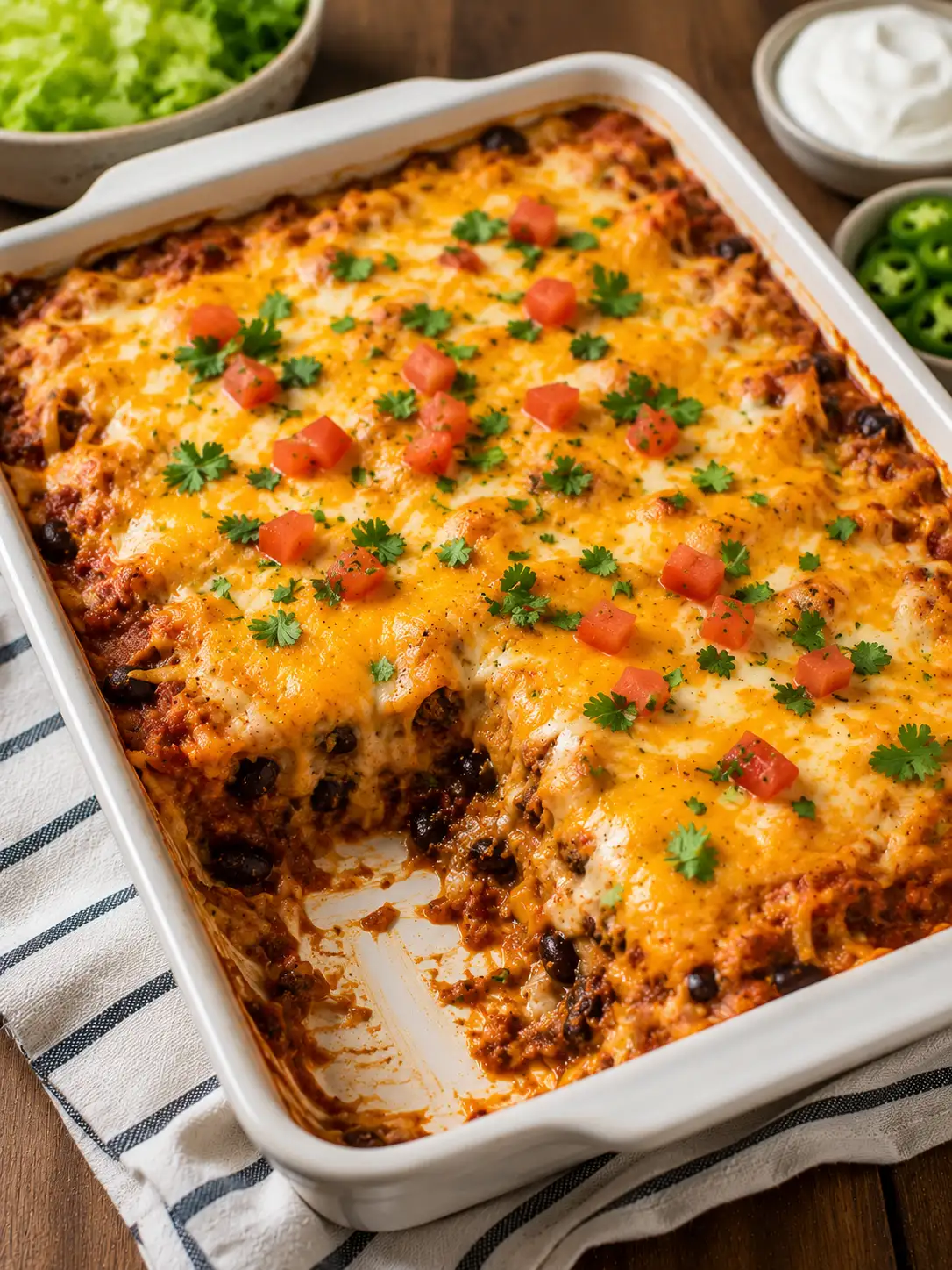 Easy enchilada bake with melted cheese and cilantro