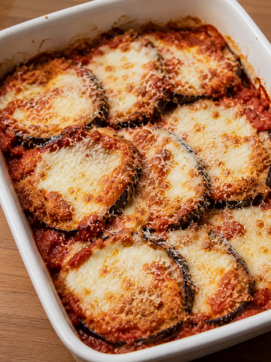 Eggplant parmesan layered with marinara and melted cheese