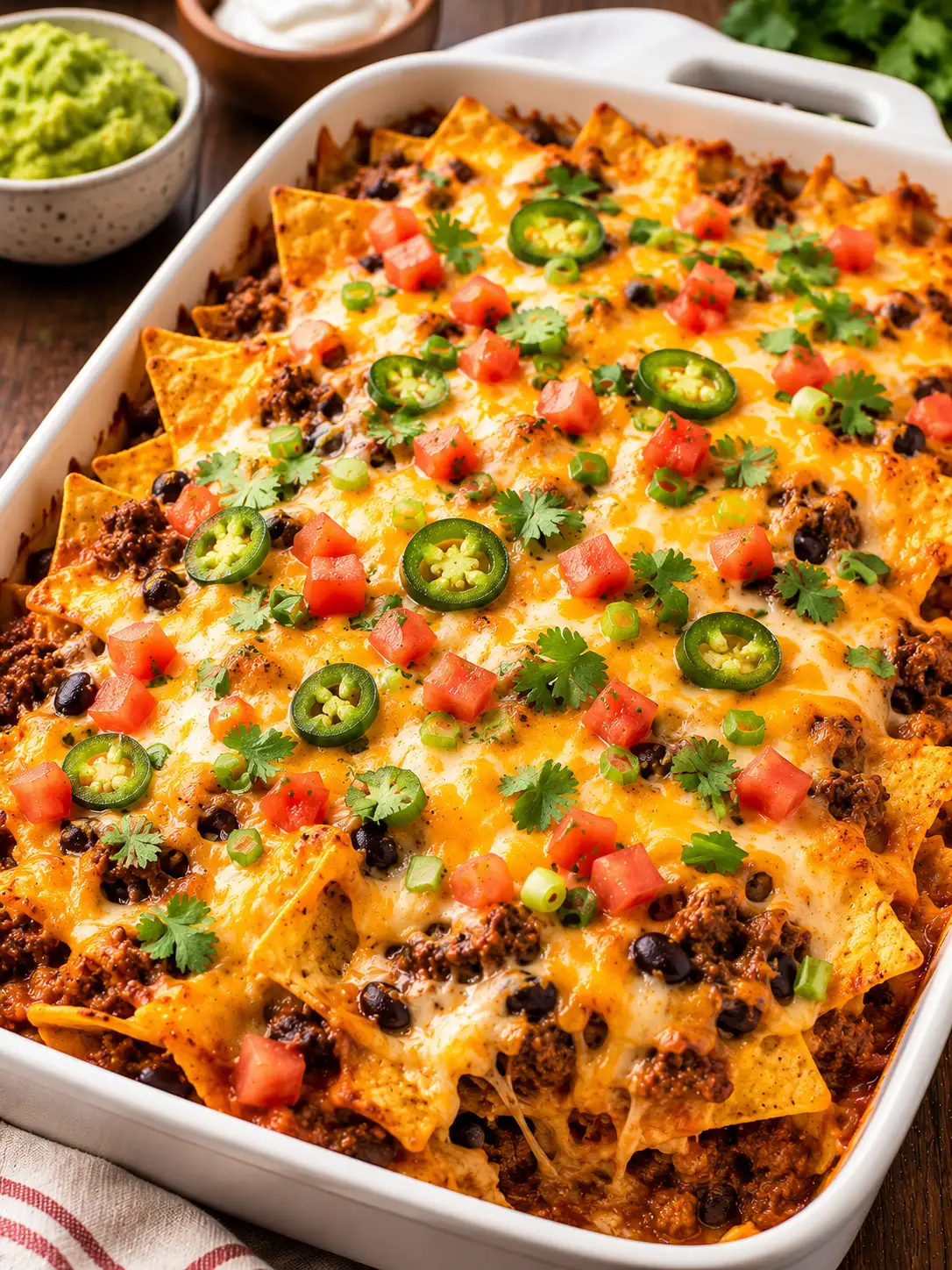 Family nacho bake with beef, beans, and melted cheese