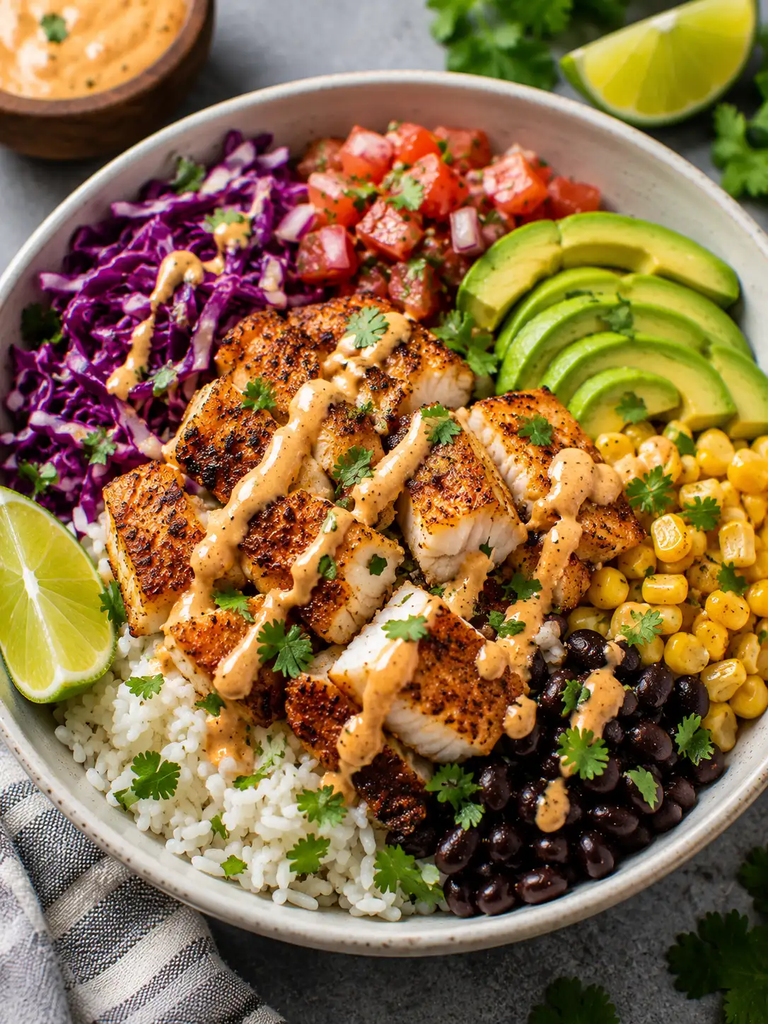 Fish taco bowls with slaw, avocado, and lime crema