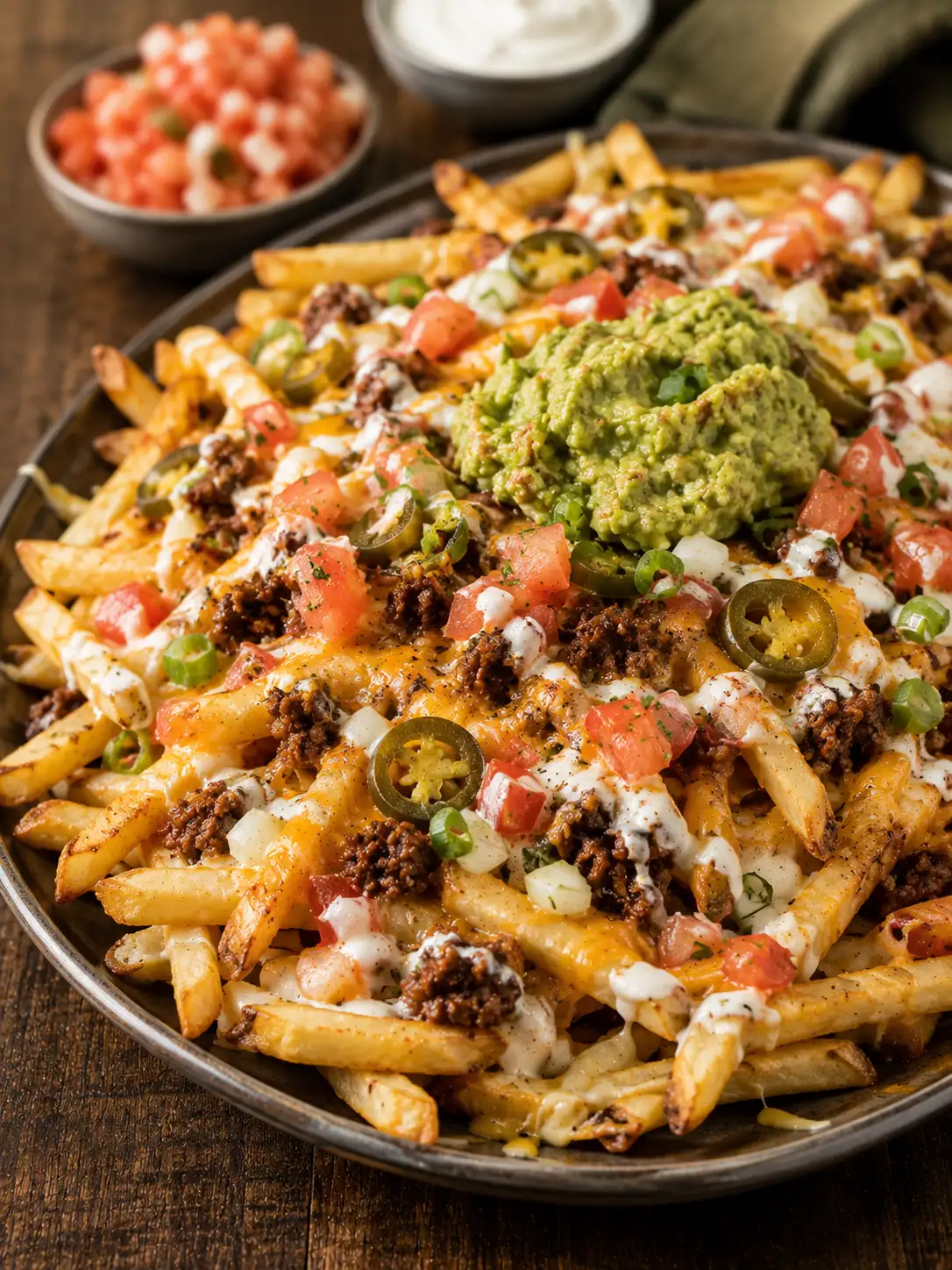 Sheet pan of crispy french fries loaded with nacho toppings, melted cheese, and sour cream