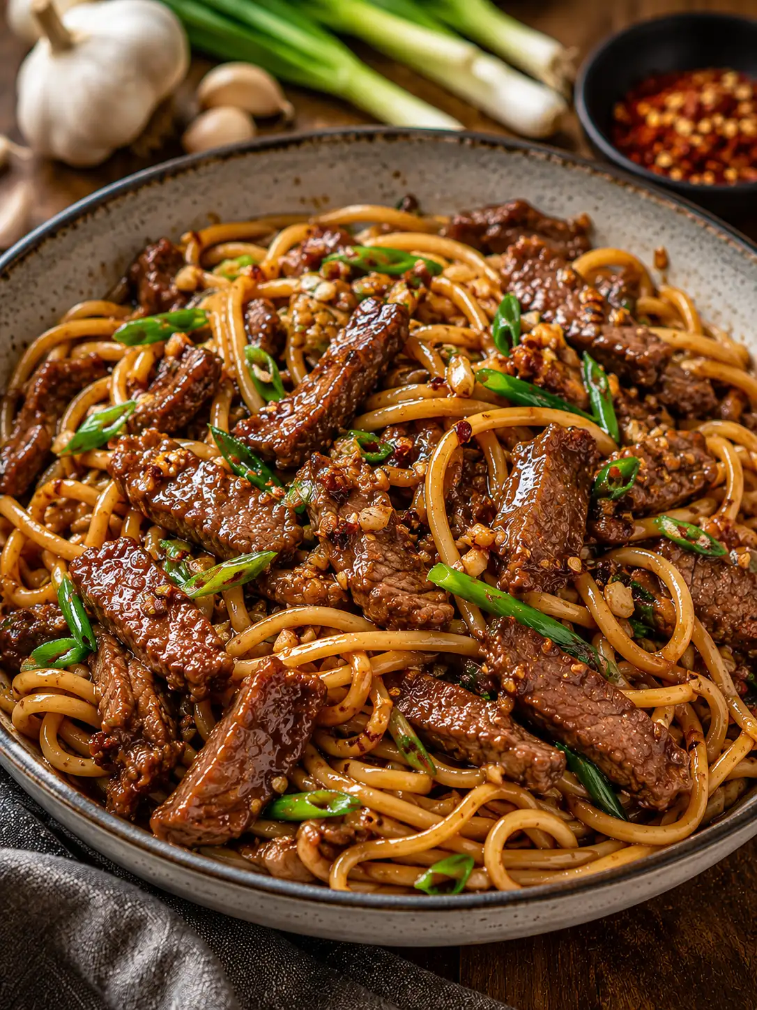 Garlic beef noodles tossed with ground beef and green onion