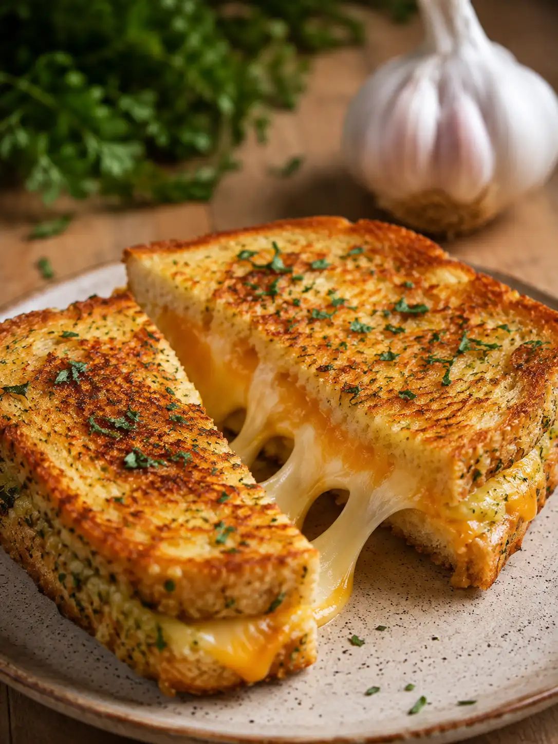 Garlic bread grilled cheese sandwich cut in half showing melted mozzarella and provolone