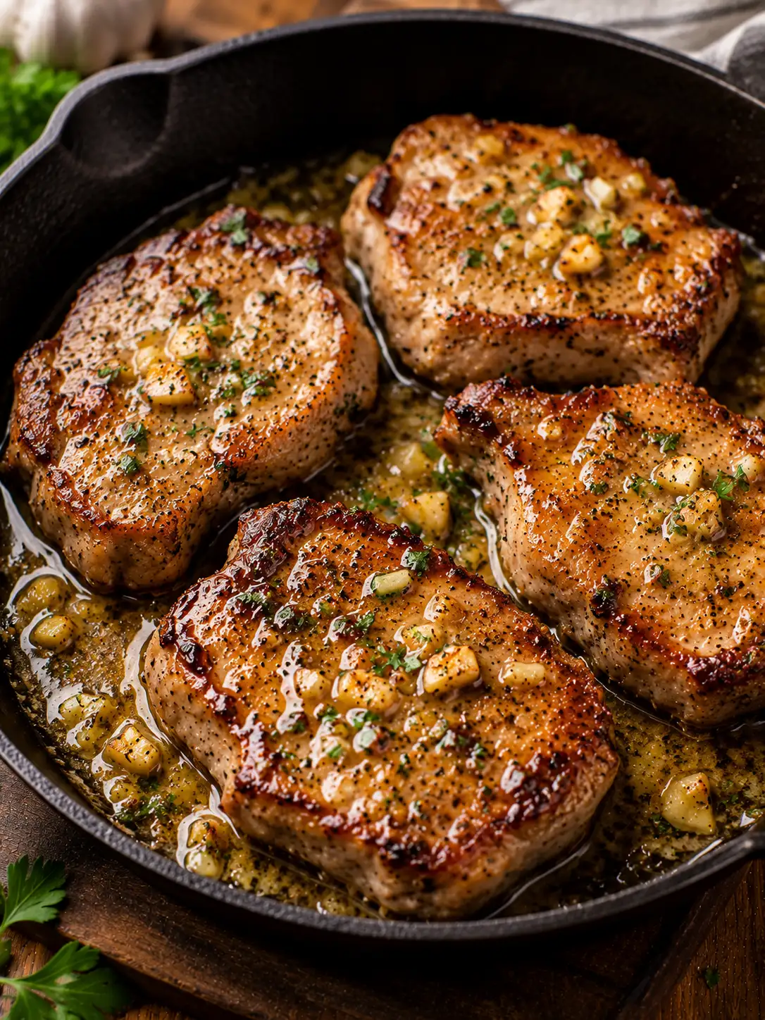 Garlic butter pork chops in a skillet with herbs