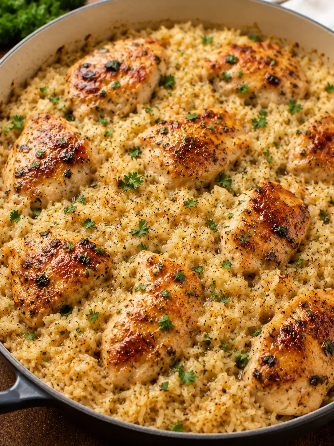 Garlic butter rice topped with seasoned chicken