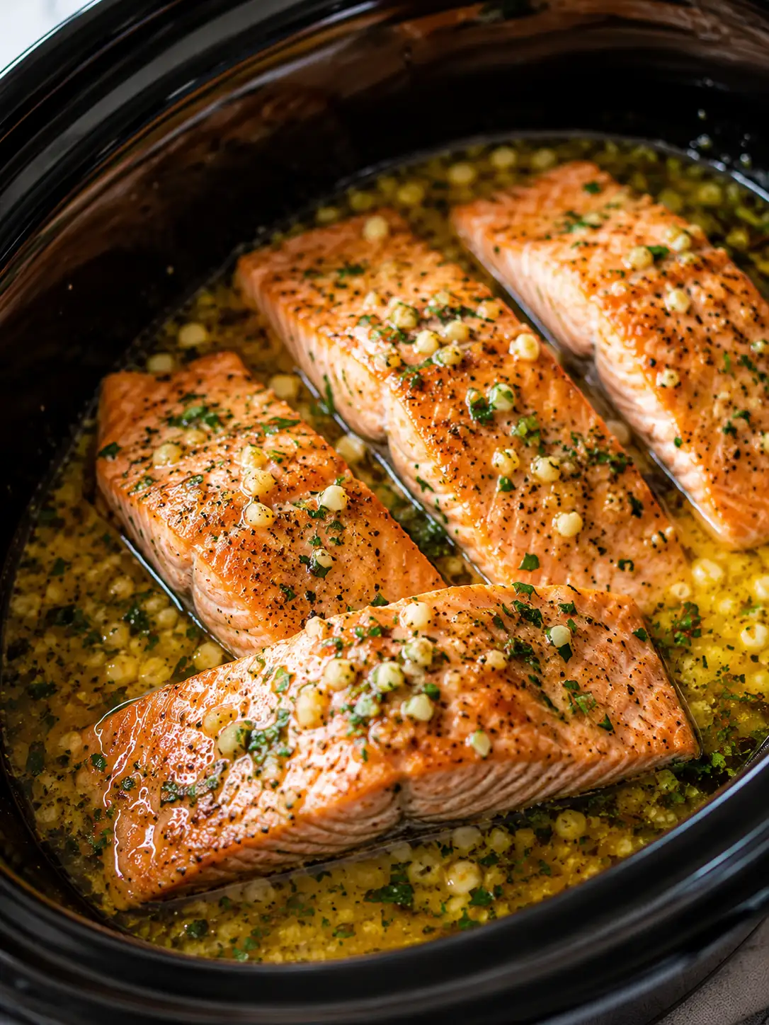 Garlic butter salmon fillets with herbs and lemon