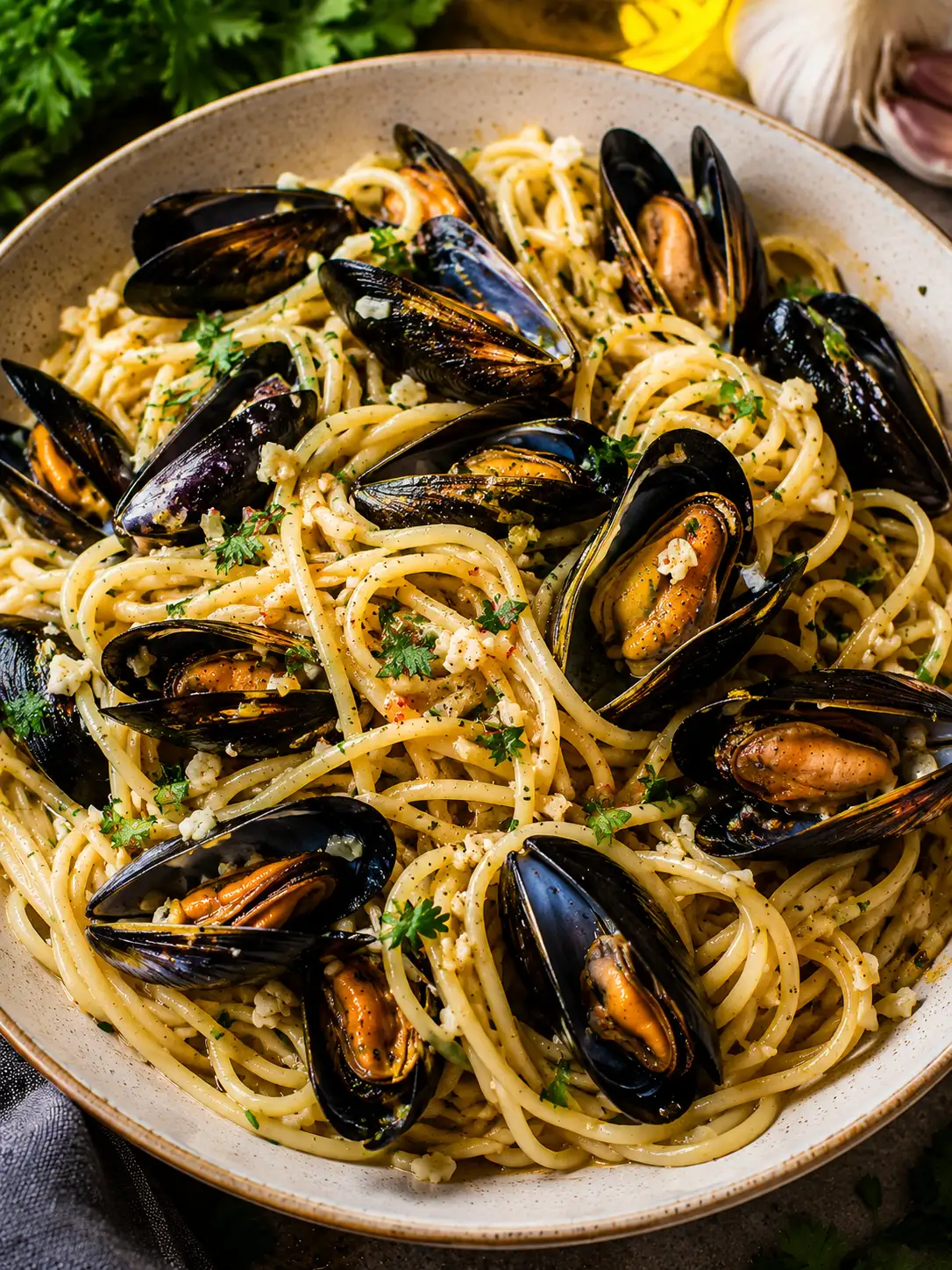 Garlic mussels pasta in a white wine broth with parsley