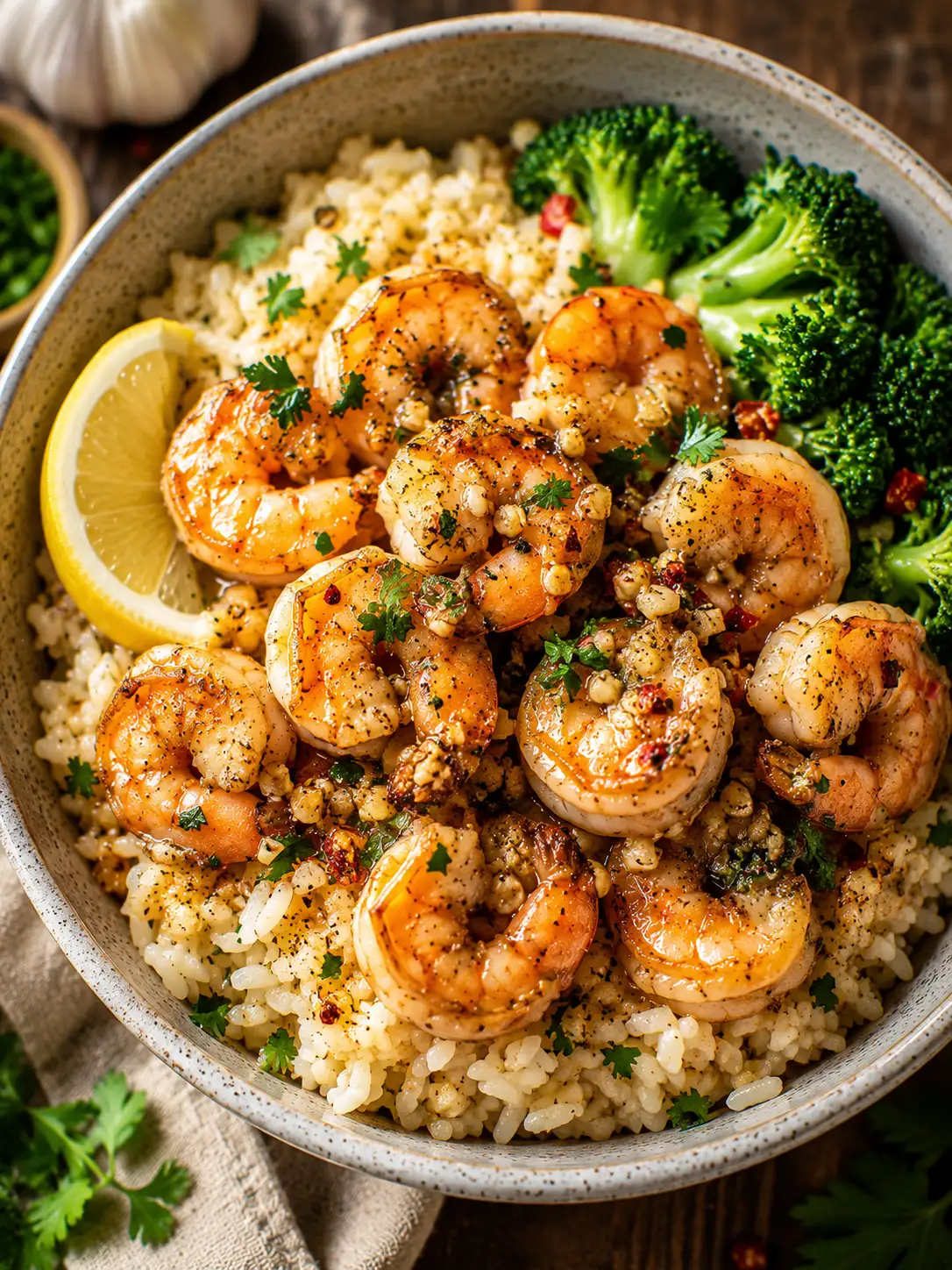Garlic shrimp rice bowl with herbs and lemon