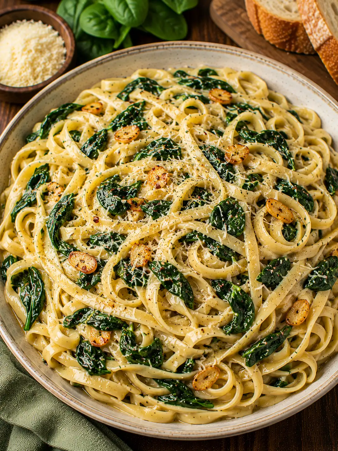 Garlic spinach fettuccine with parmesan
