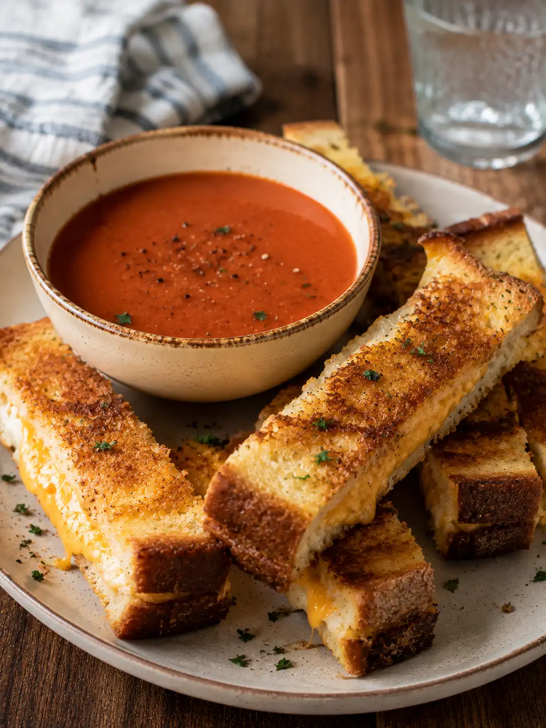 Grilled cheese sandwich cut into thick strips next to a bowl of warm tomato soup for dunking